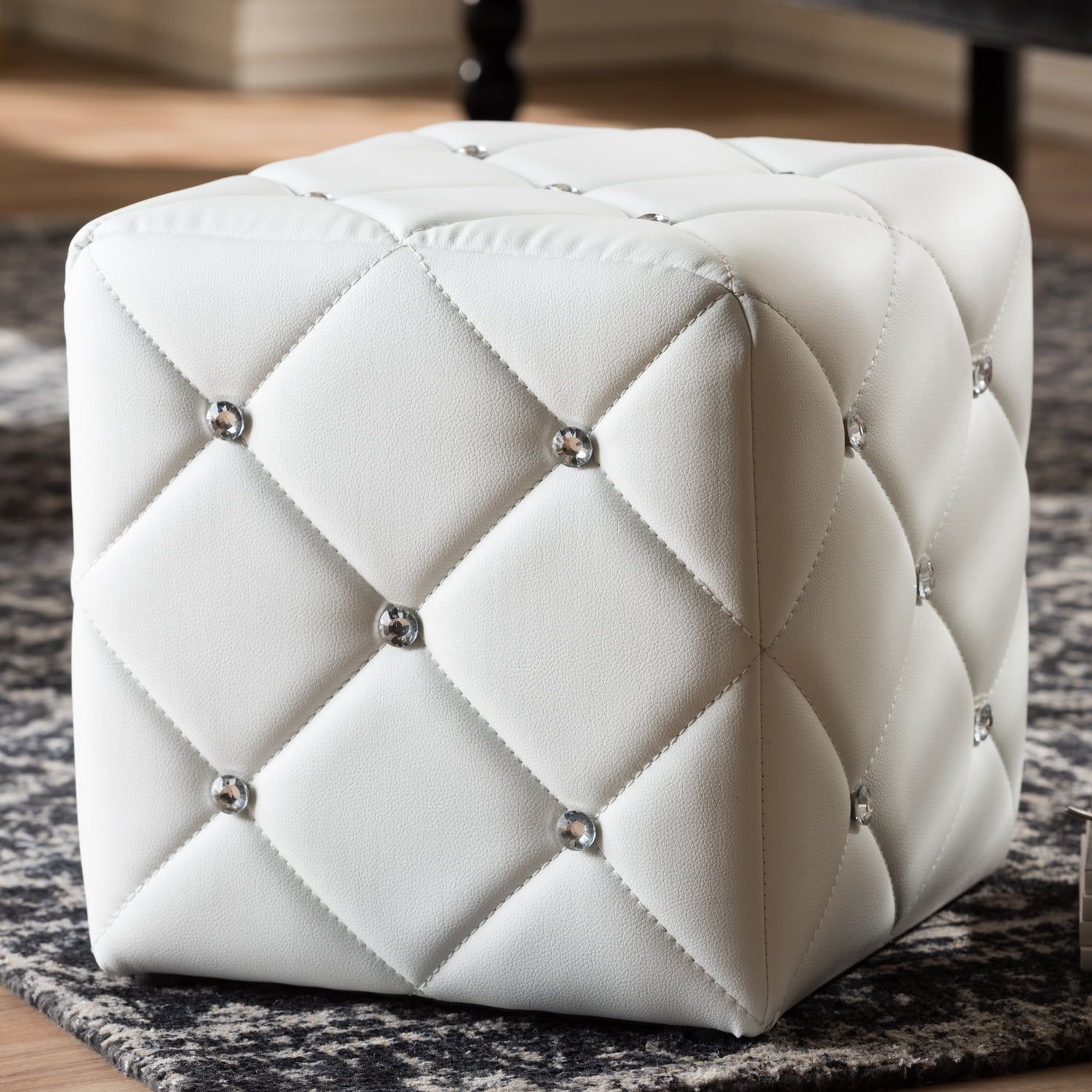 White Faux Leather Tufted Square Ottoman with Crystal Accents