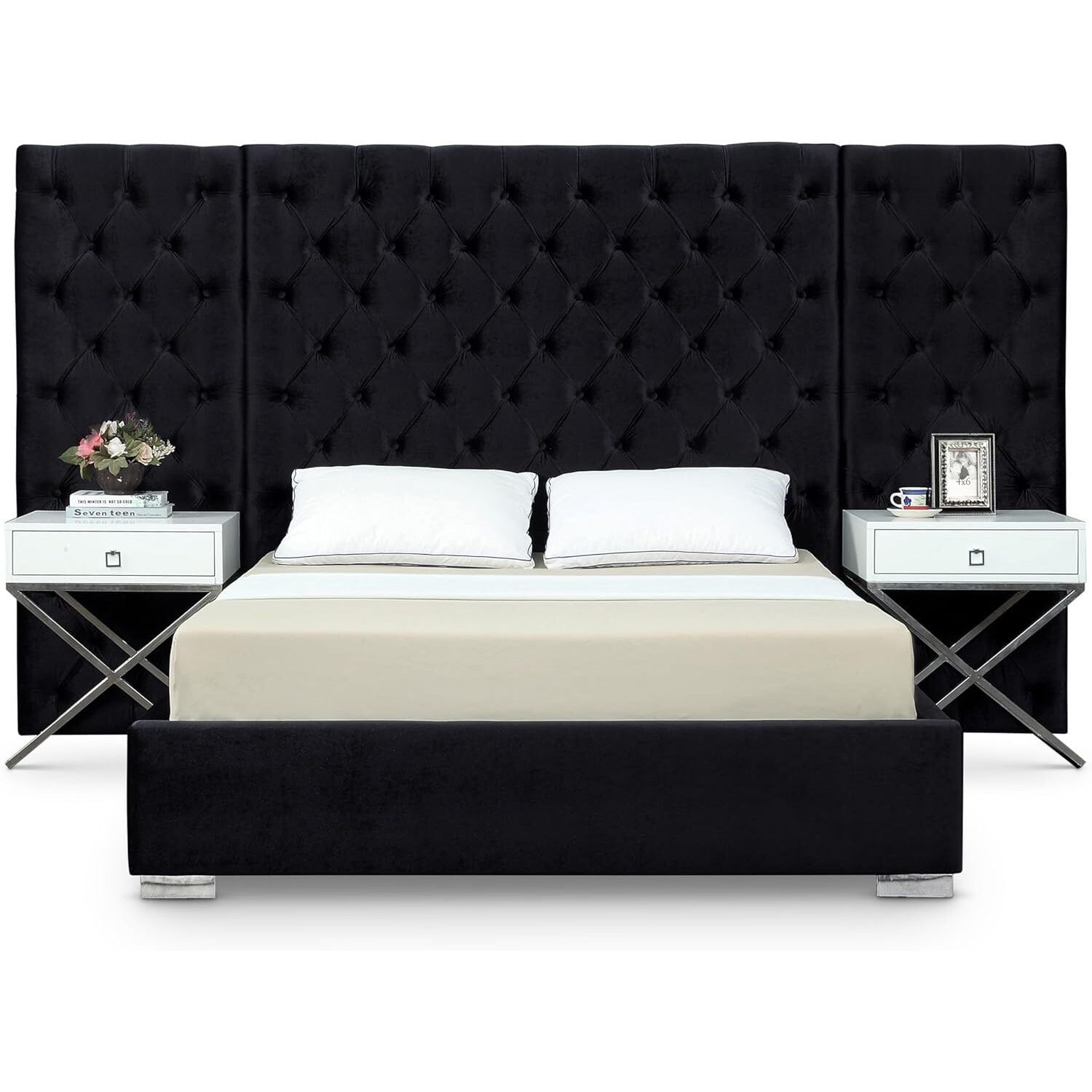 Grande Grey Velvet Upholstered Queen Bed with Tufted Headboard