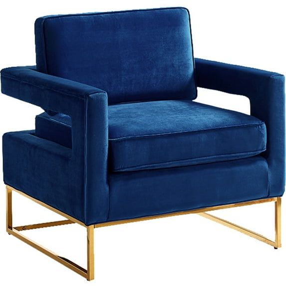 Elegant Navy Velvet and Gold Wood Base Accent Chair