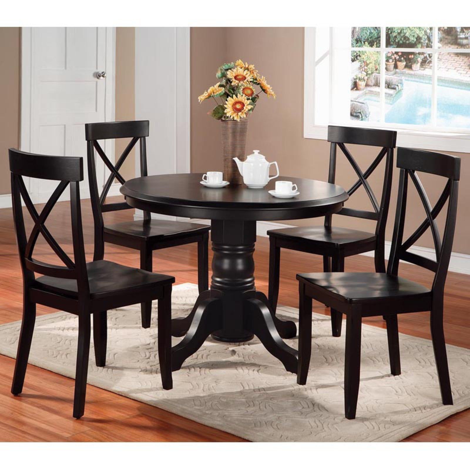 Traditional Black Solid Wood 5-Piece Round Dining Set