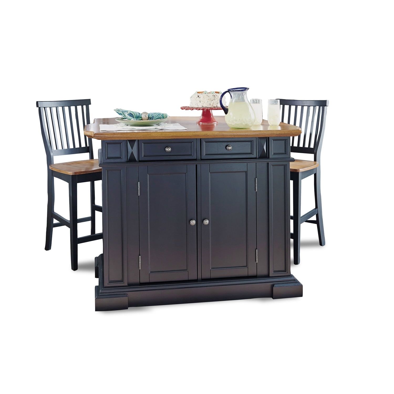 Black and Oak Wood Kitchen Island Set with Stools