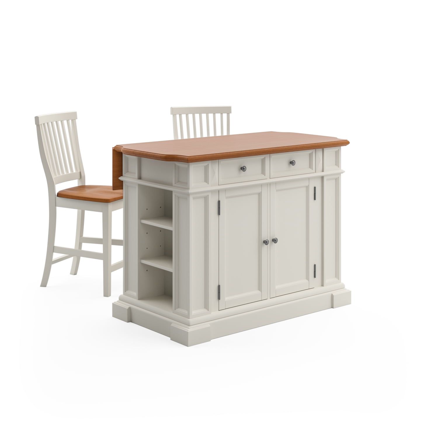 Americana Off-White Distressed Oak Kitchen Island Set with Stools