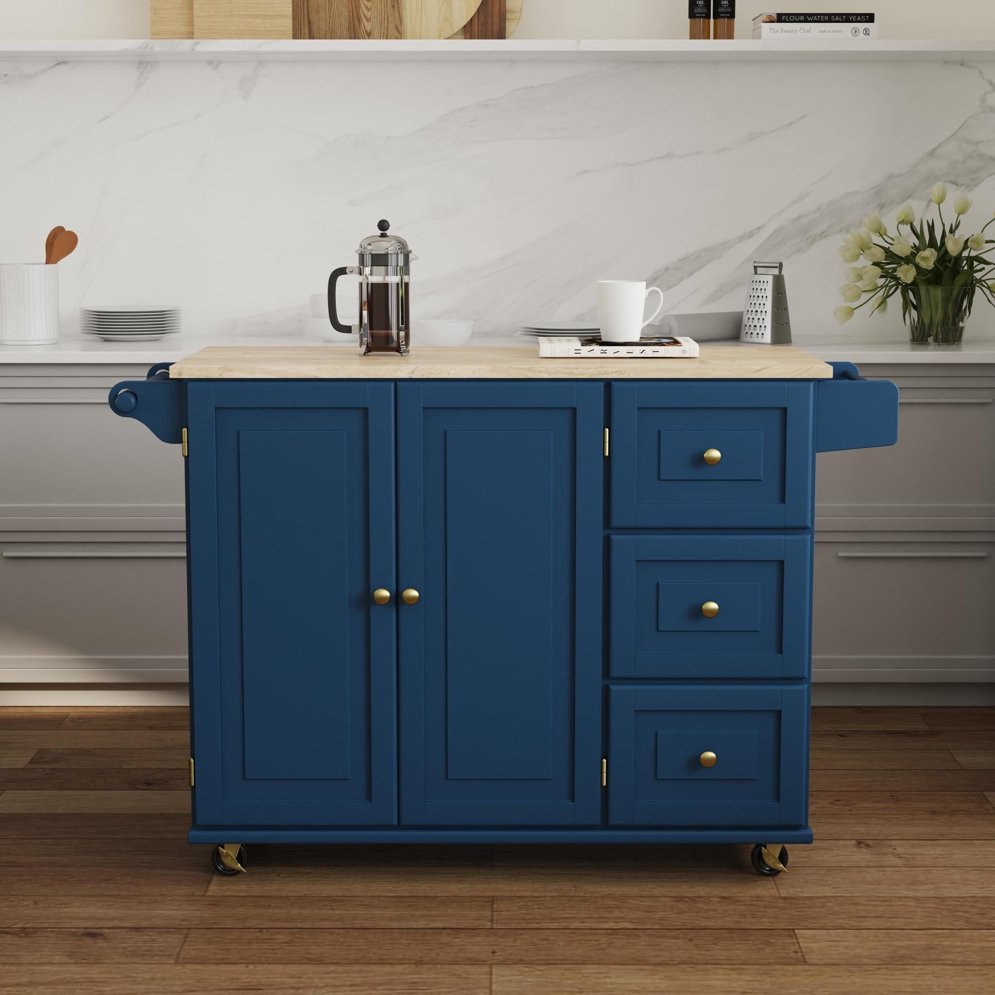 Blue Wood Drop Leaf Kitchen Cart with Spice Rack