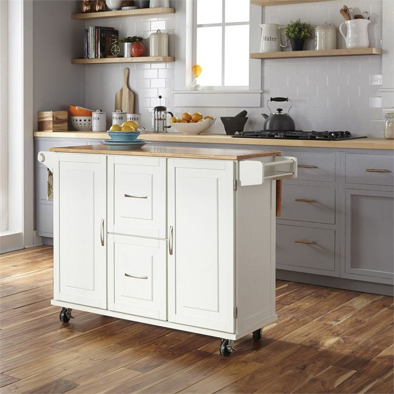 White Wood Drop Leaf Kitchen Cart with Storage and Spice Rack