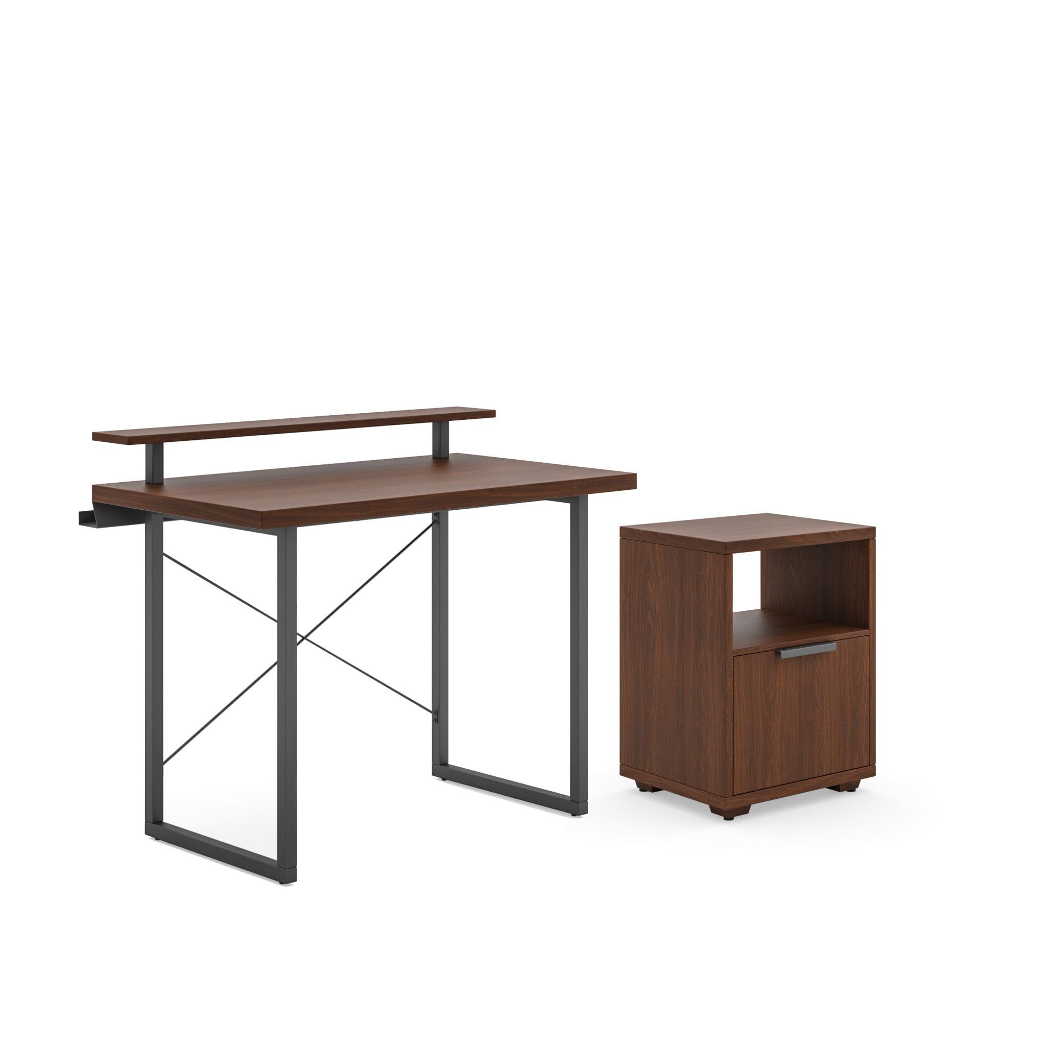 Walnut Veneer Compact Office Desk with Monitor Stand & File Storage