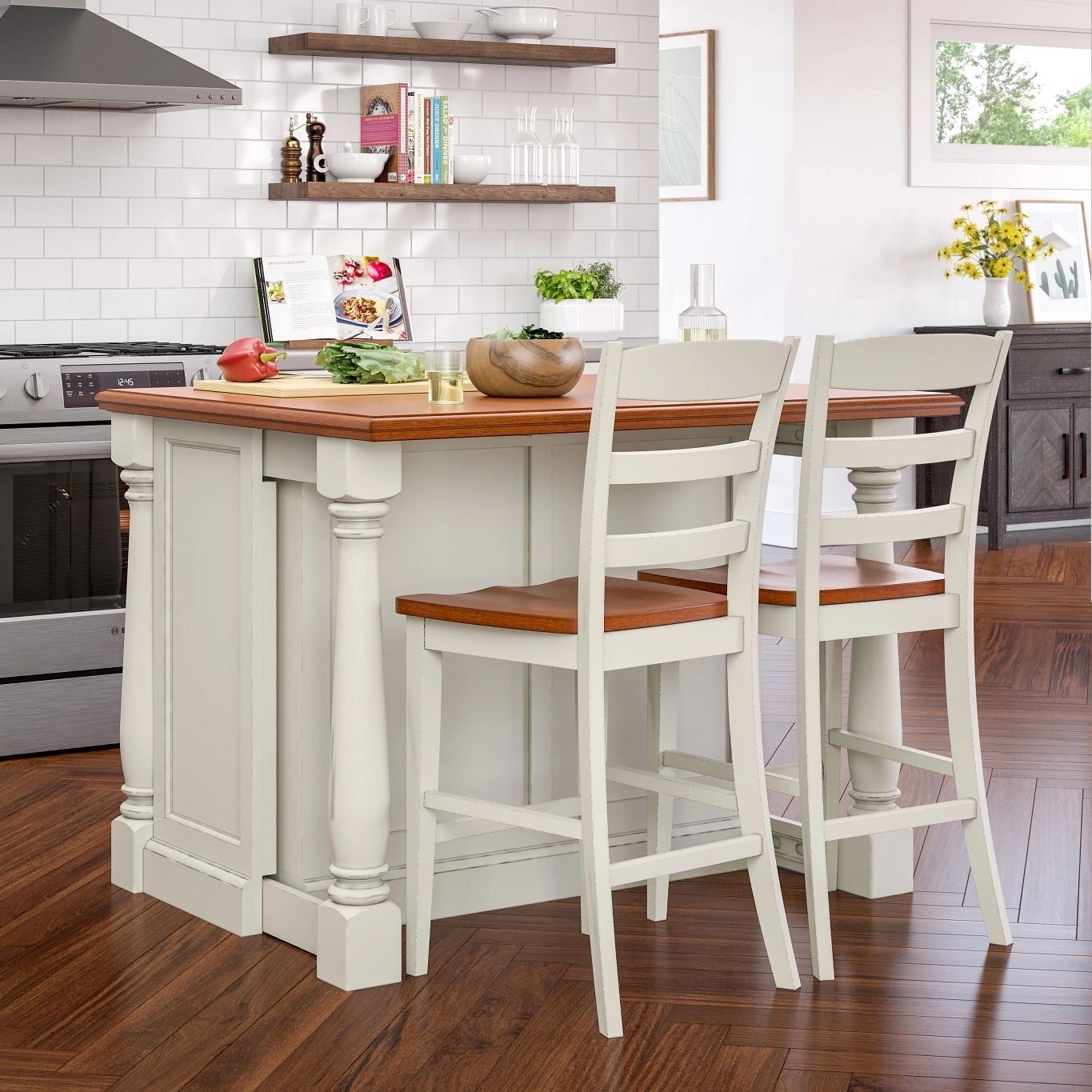 Off-White and Oak Wood Kitchen Island Set with Stools