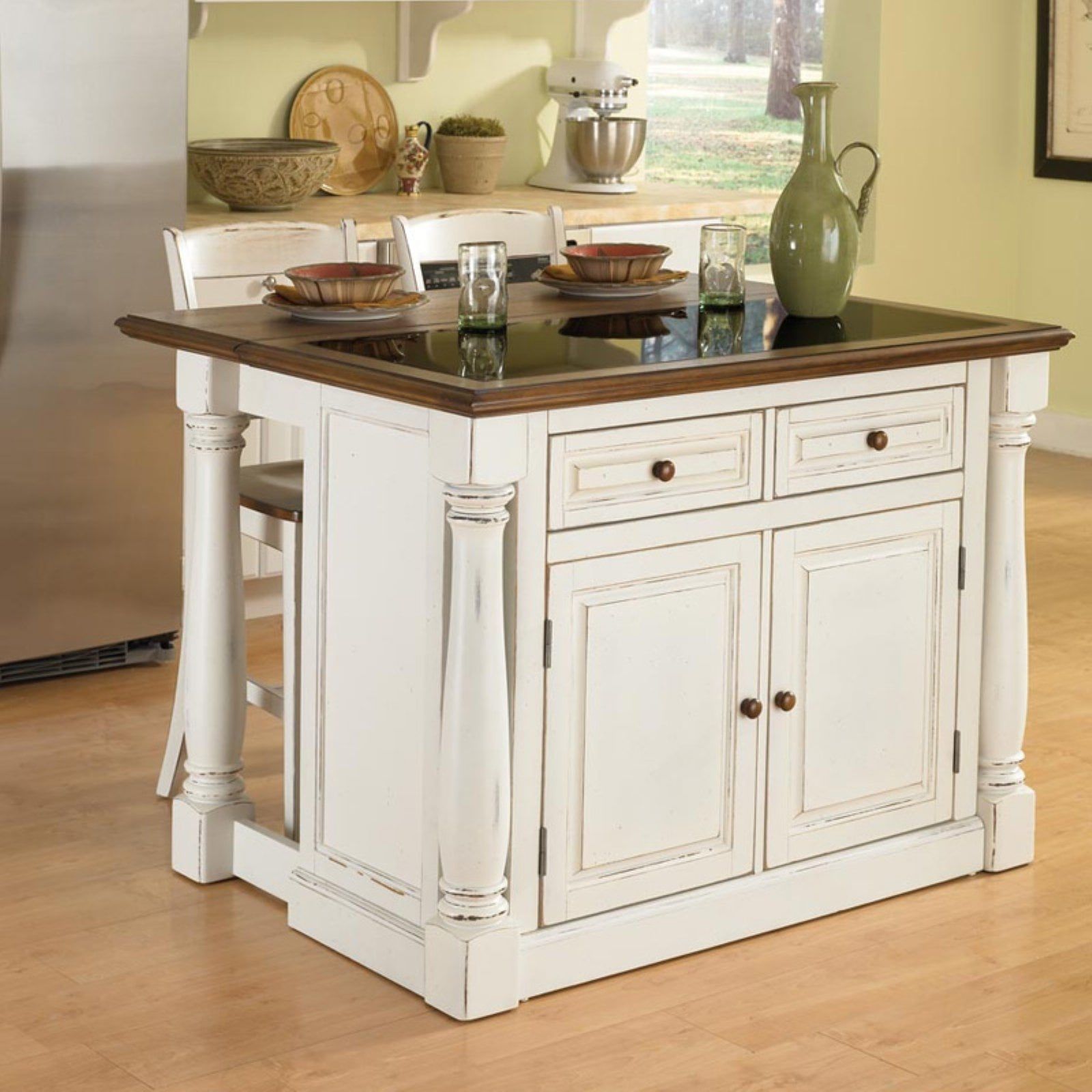 Antique White and Oak 48" Kitchen Island with Granite Inset