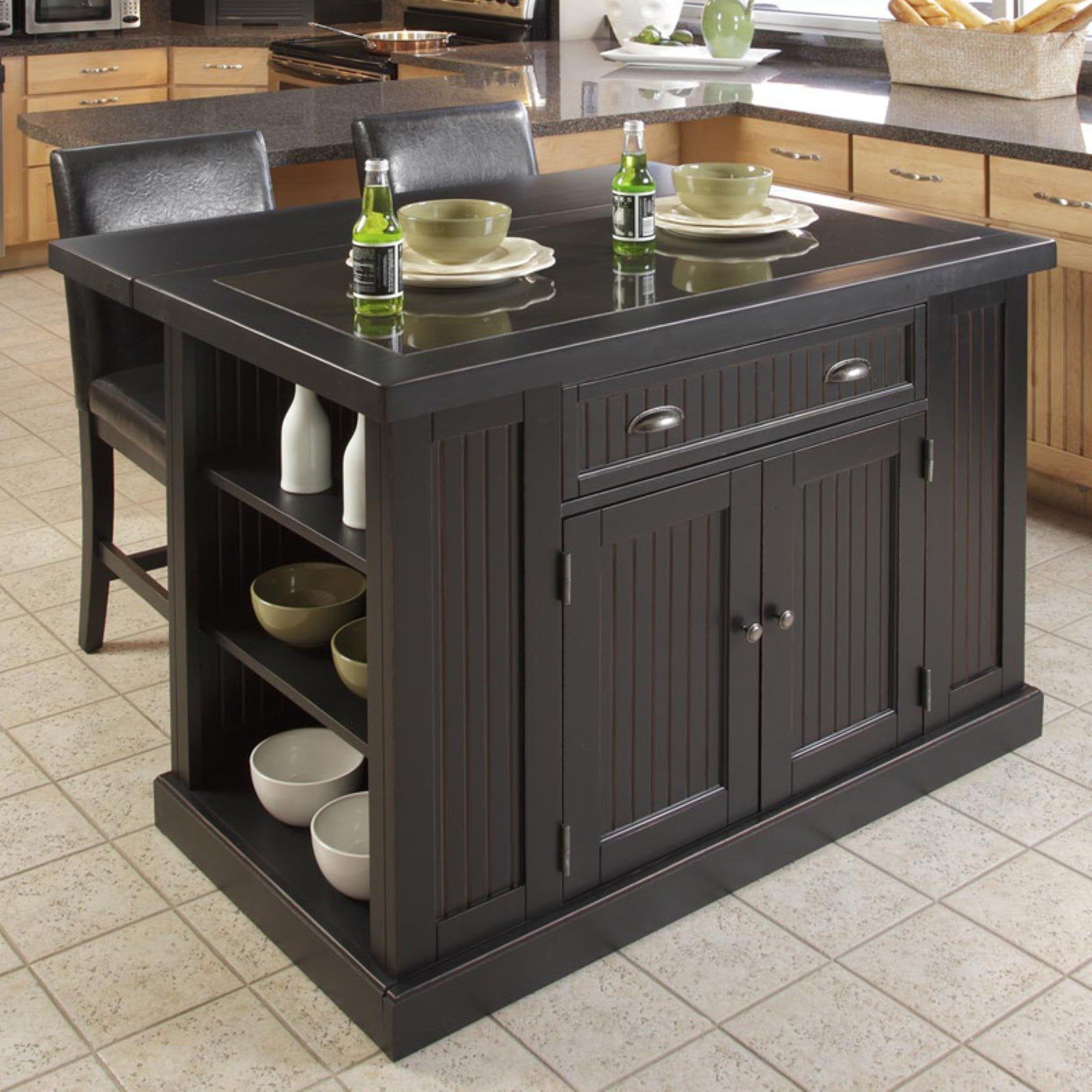 Nantucket 48" Distressed Black Wood Kitchen Island with Granite Top