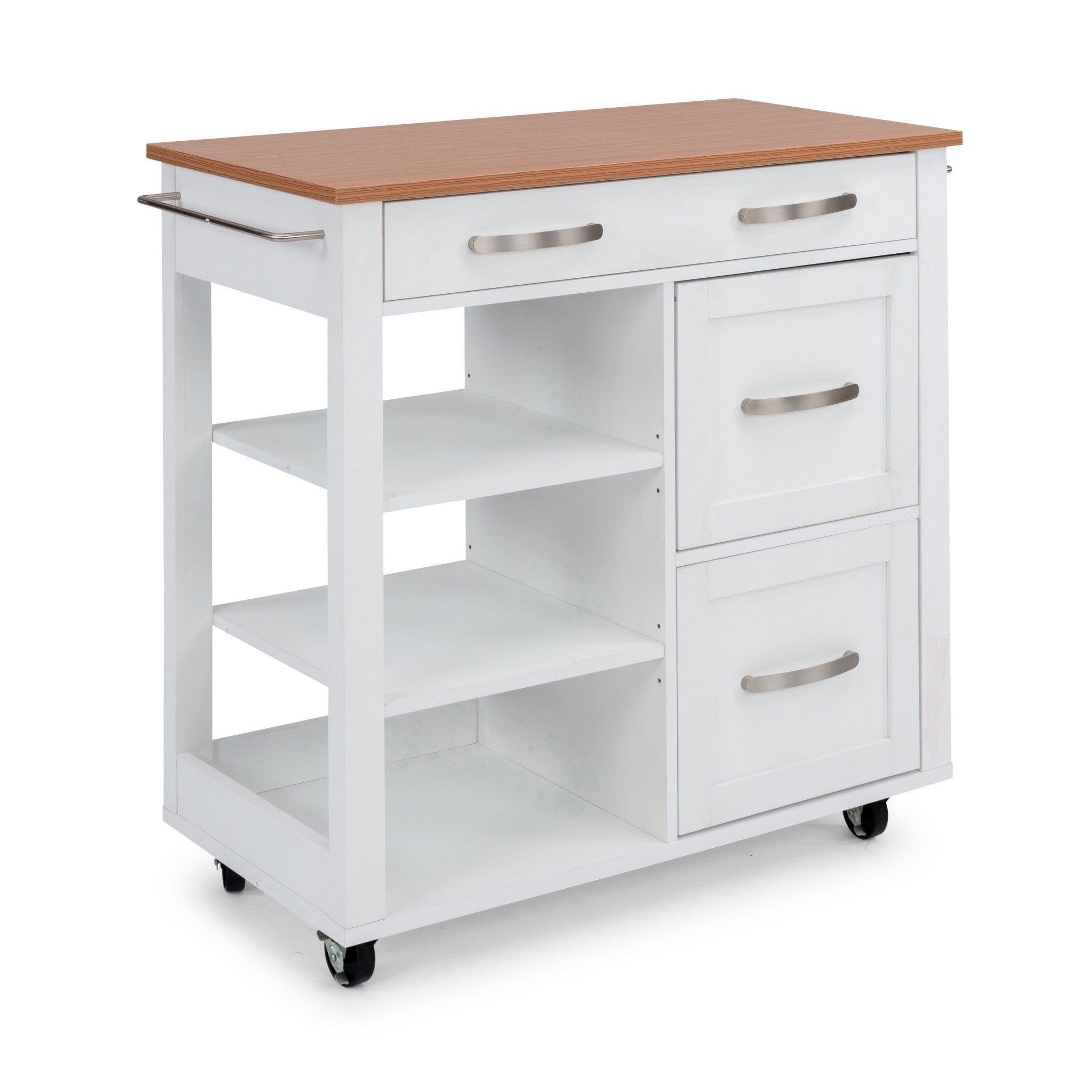 Off-White and Birch Wood Kitchen Cart with Storage