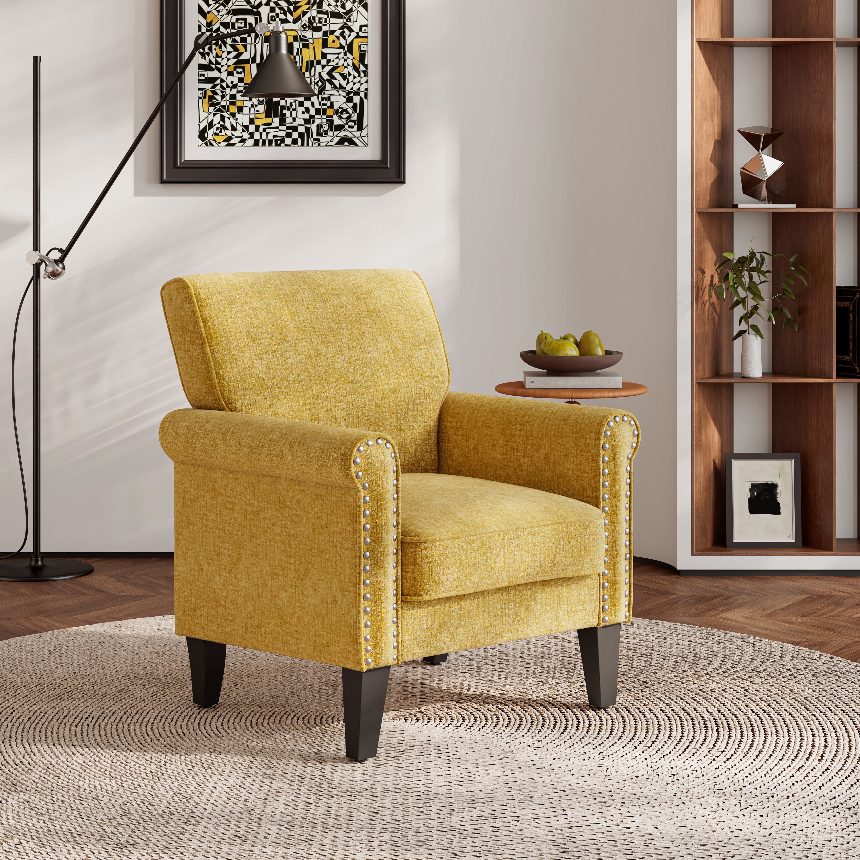 Gold Chenille Barrel Accent Chair with Wood Legs