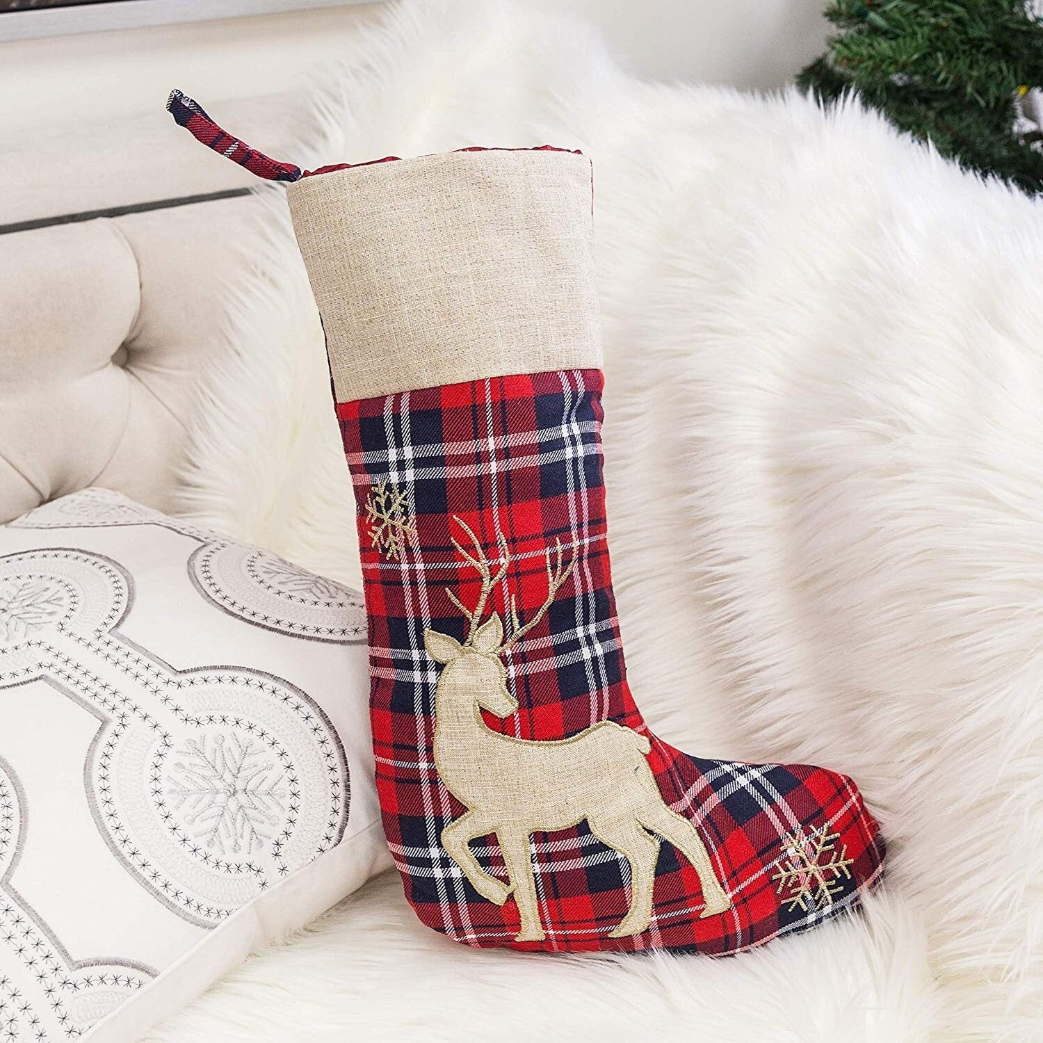 Plaid and Reindeer Embroidered Velvet Christmas Stocking