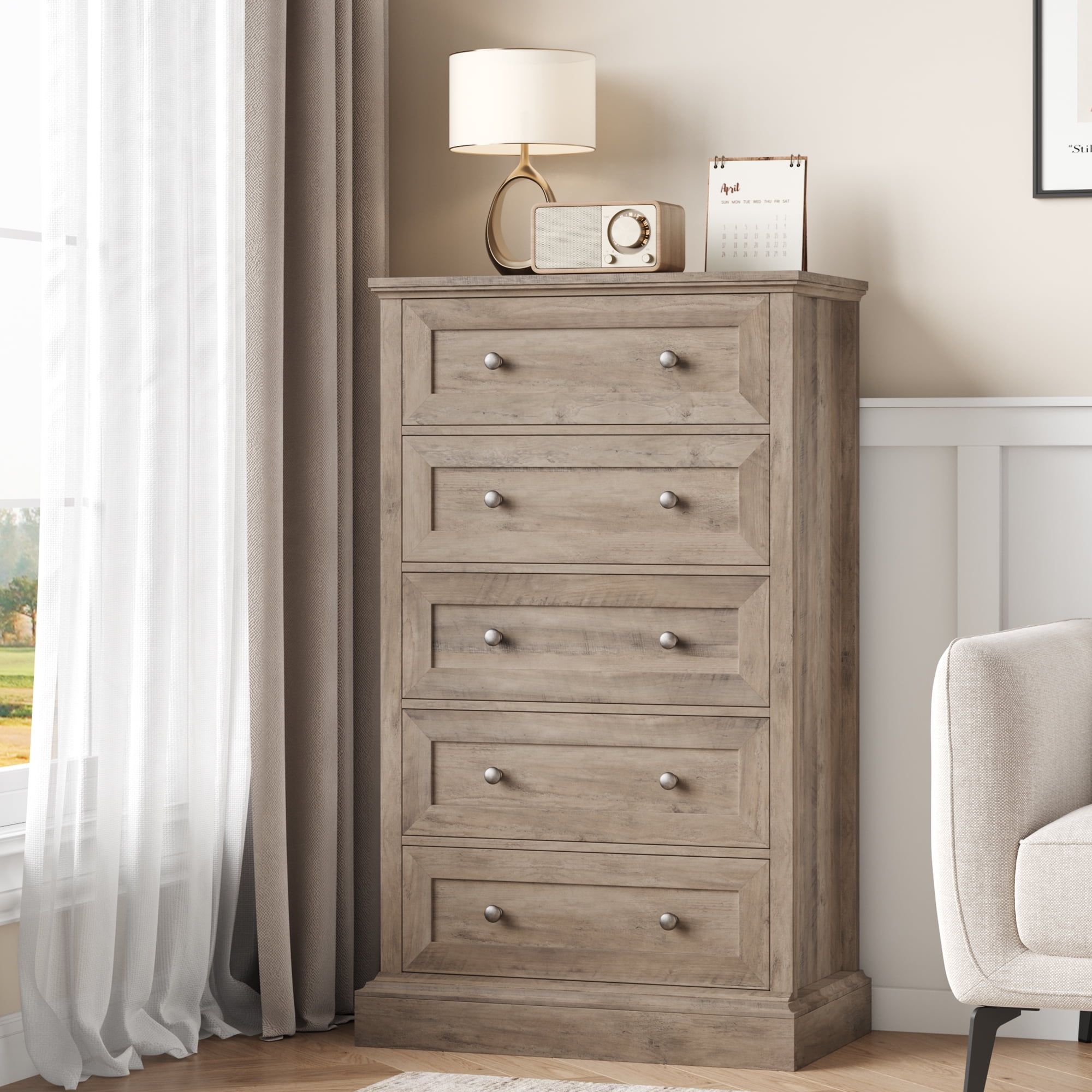 Gray Farmhouse 5-Drawer Tall Wood Dresser with Silver Handles