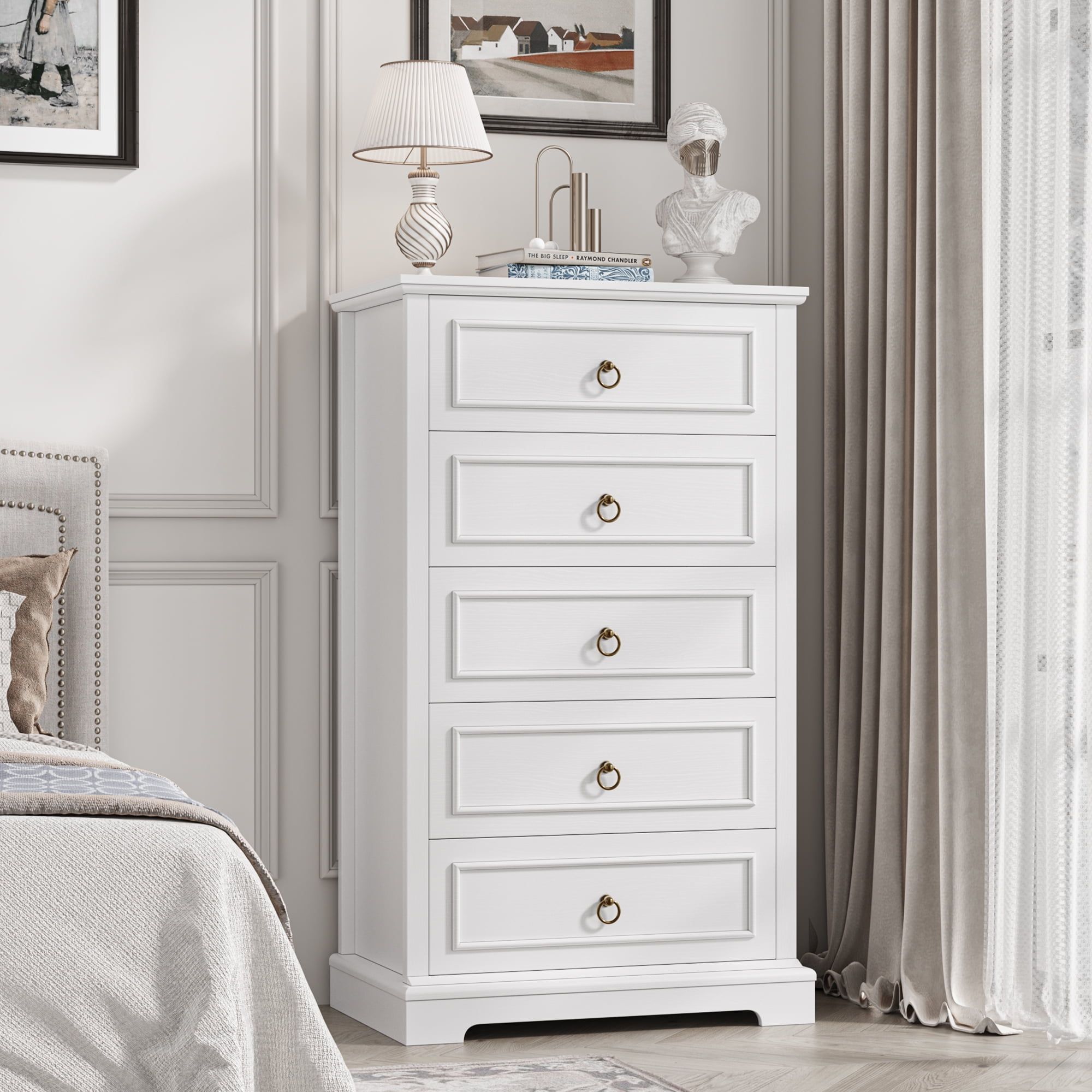 White Vertical 5-Drawer Chest with Metal Handles