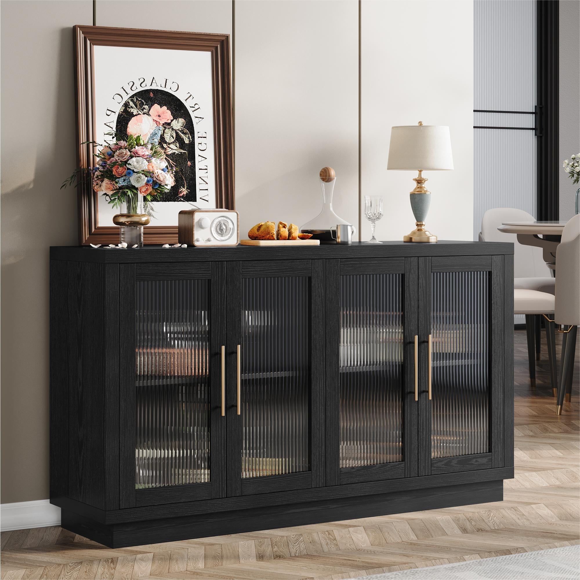 Black Modern Sideboard Buffet with Fluted Glass Doors