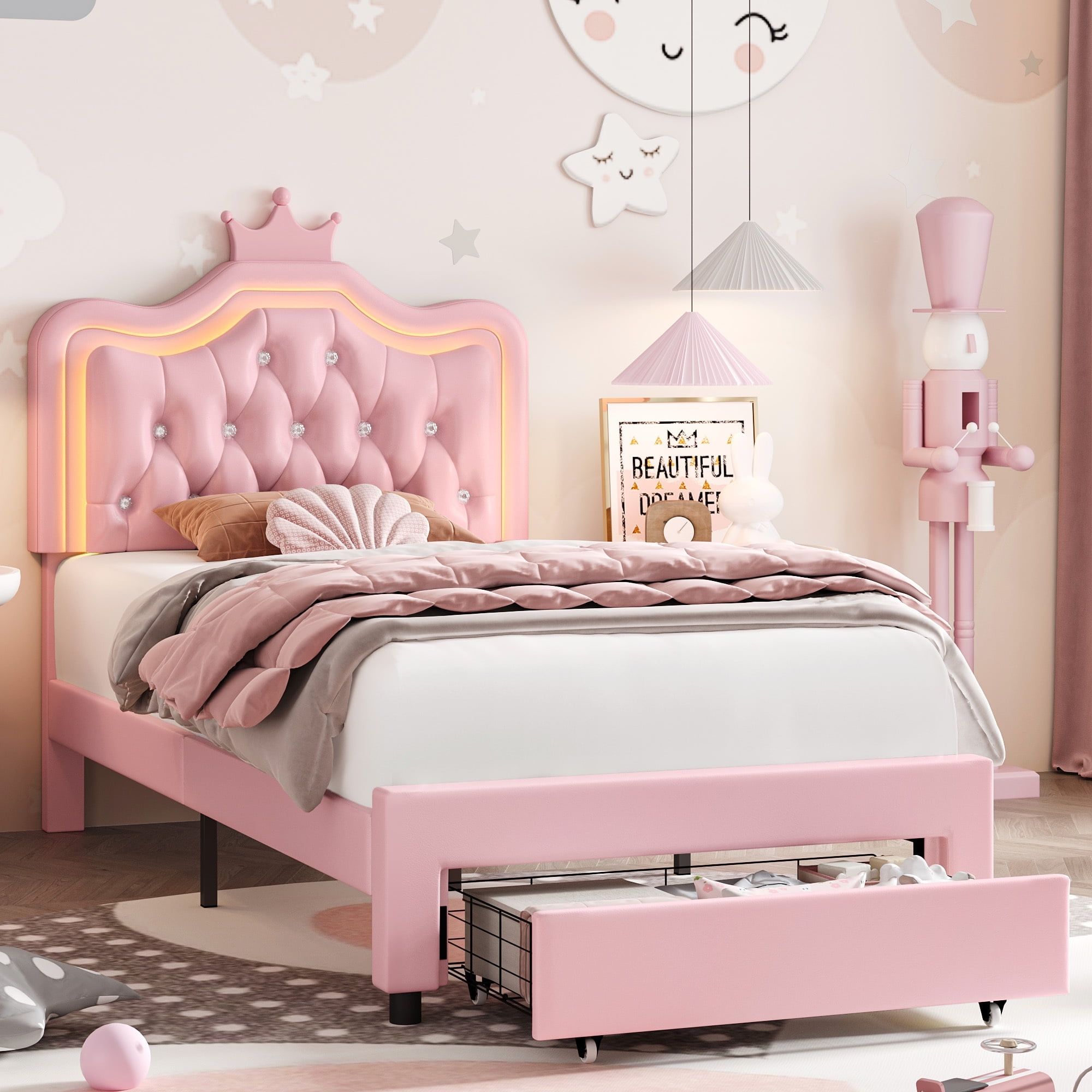 Twin Pink Upholstered Princess Platform Bed with LED Crown Headboard and Storage Drawer