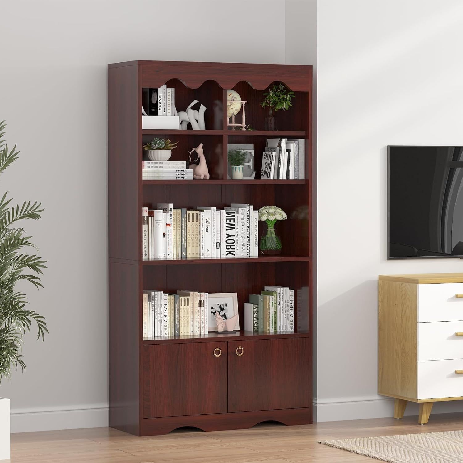 Brown 63" Tall Wooden 5-Tier Bookshelf with Cabinet Doors