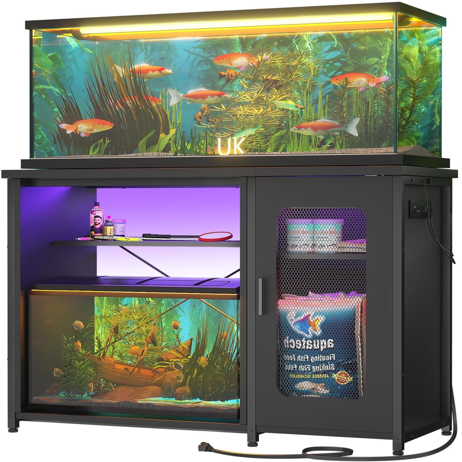 Black Metal Aquarium Stand with Cabinet and LED Light for 55-75 Gallon Tanks