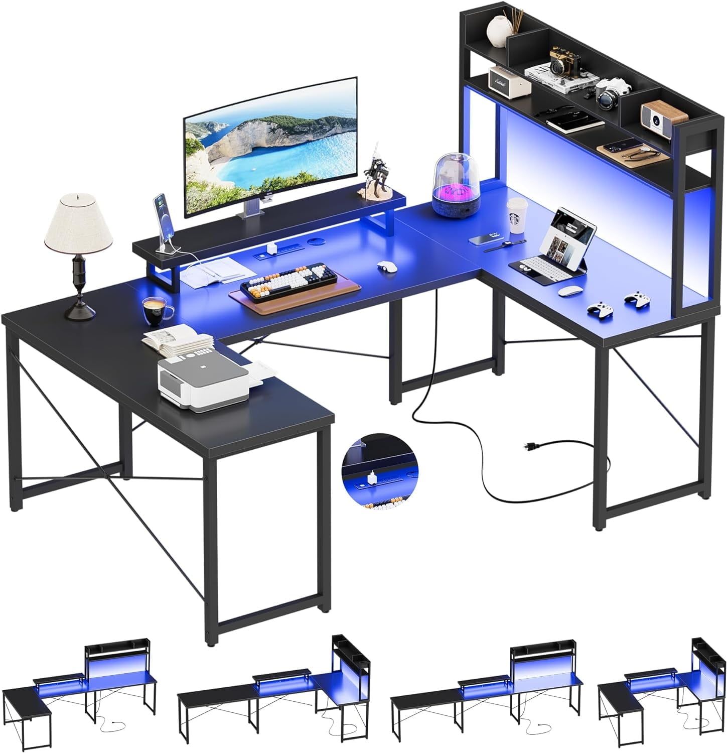 Black Semicircular Wood Computer Desk with Hutch and Power Outlets