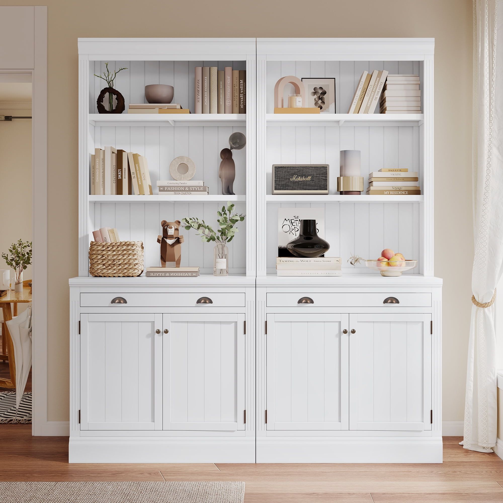 White Solid Wood Adjustable Bookshelf Suite with Doors and Drawers