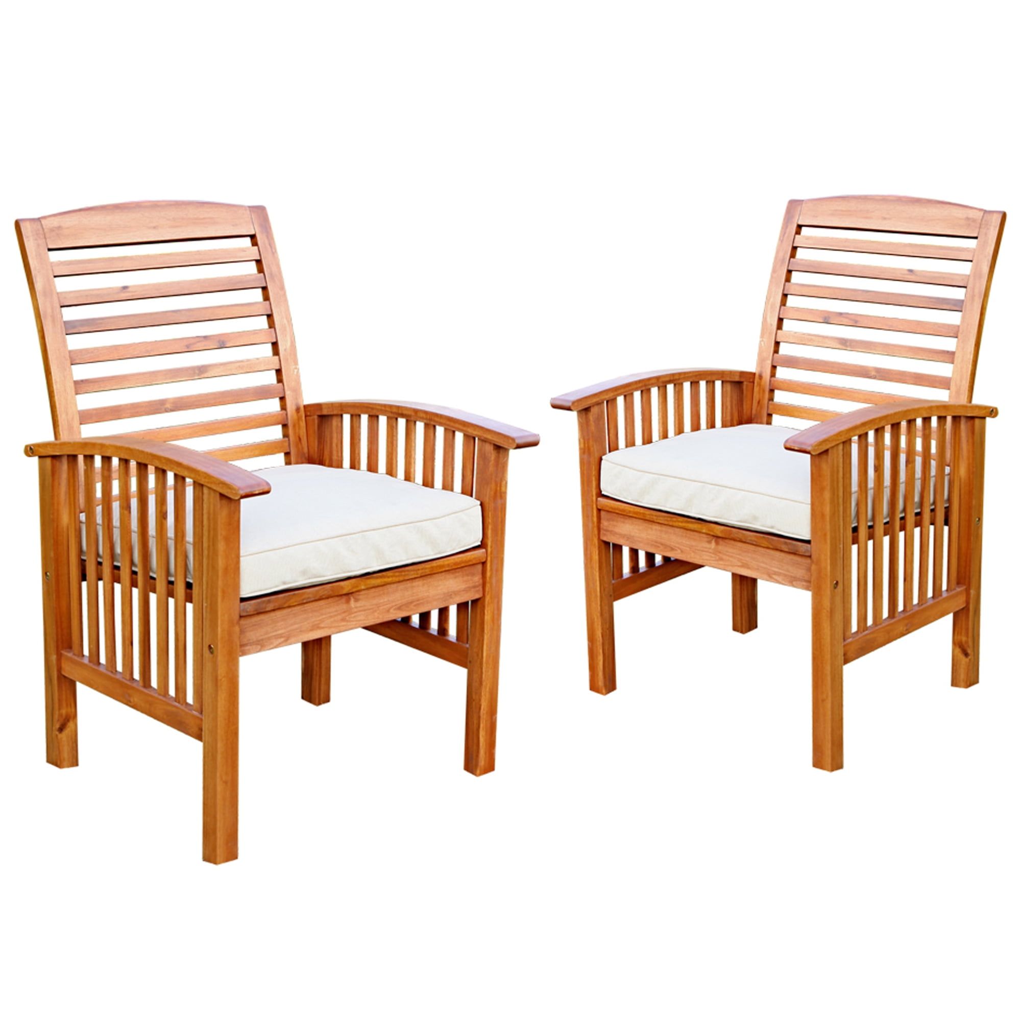 Brown Acacia Wood Dining Armchairs with Beige Cushions - Set of 2