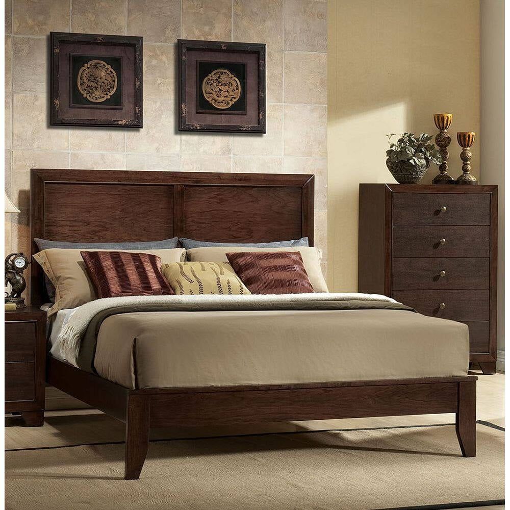 Espresso Queen Wood Panel Bed with Upholstered Headboard