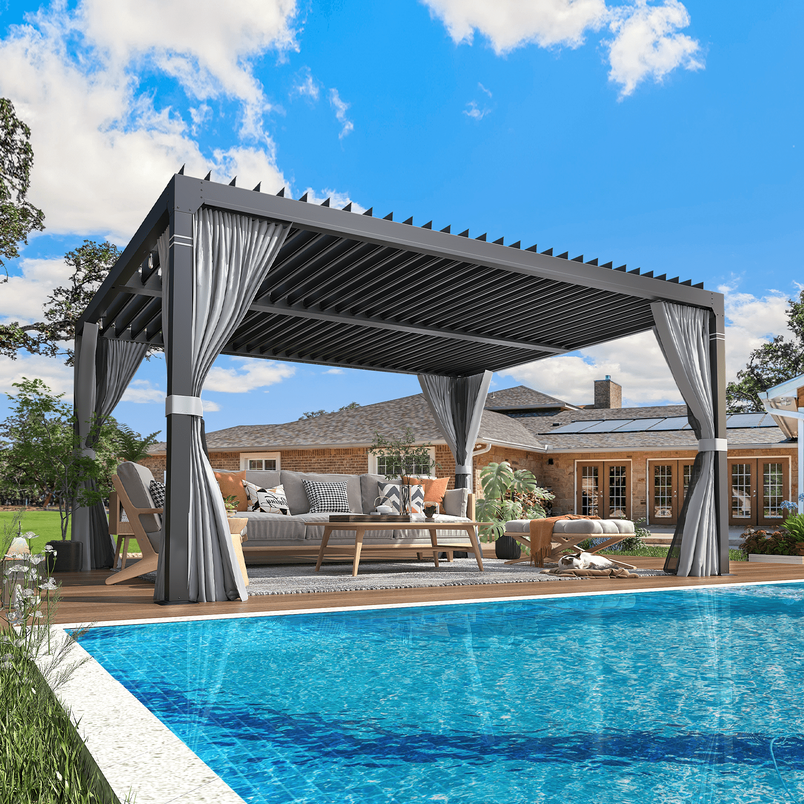 Black 10' x 12' Adjustable Metal Pergola with Curtains and Netting