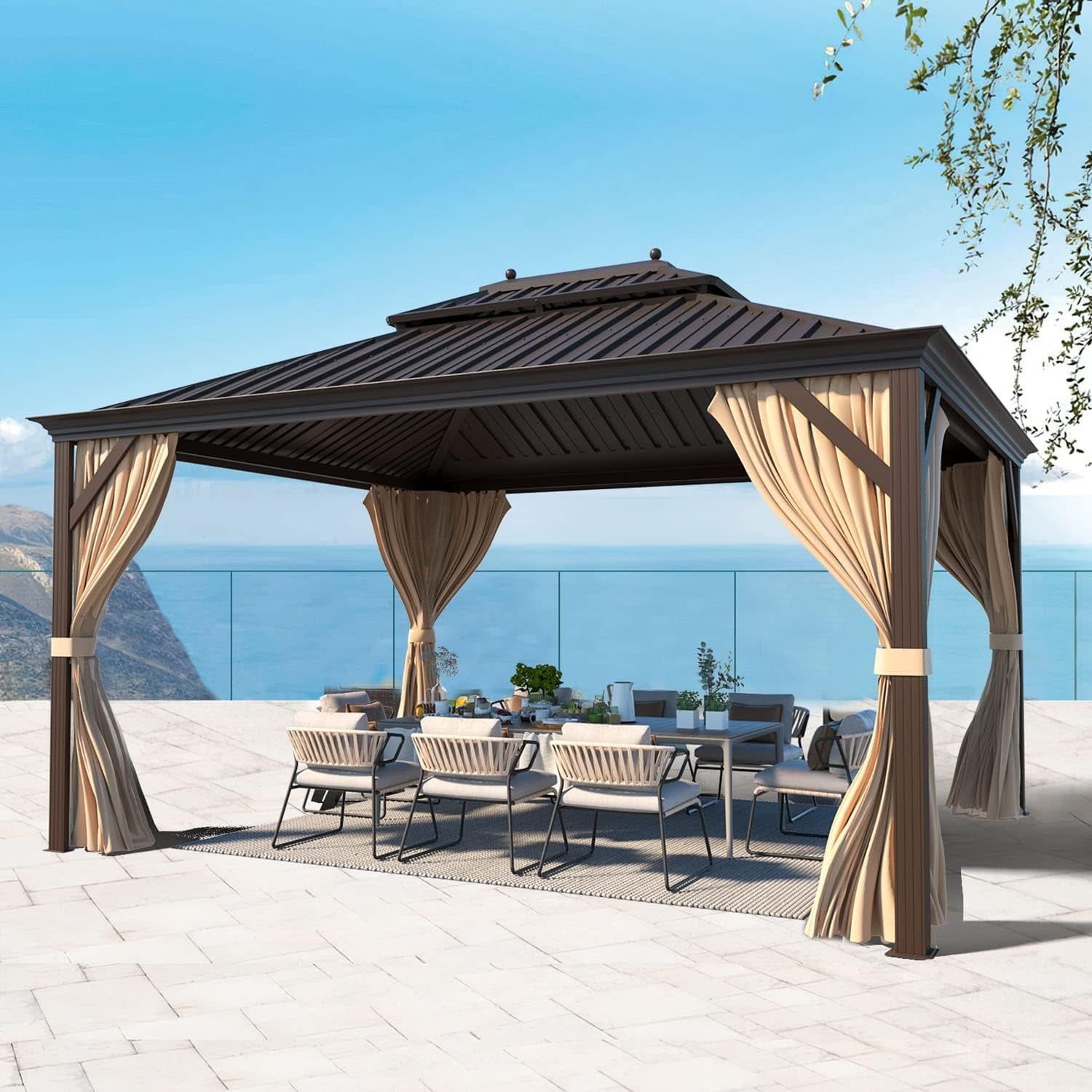 10' x 12' Brown Aluminum and Steel Hardtop Gazebo