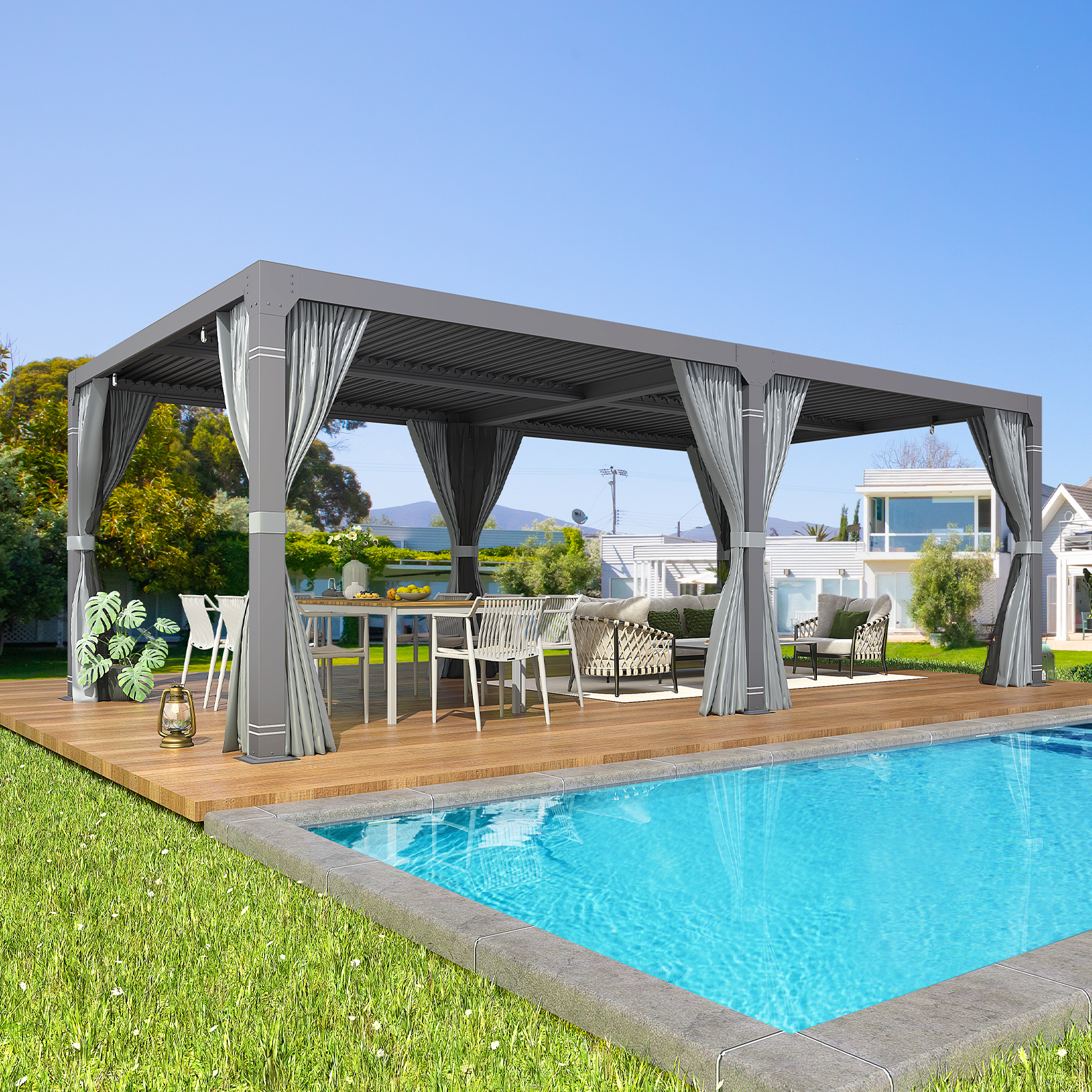 Modern Black 10' x 20' Metal Pergola with Adjustable Roof