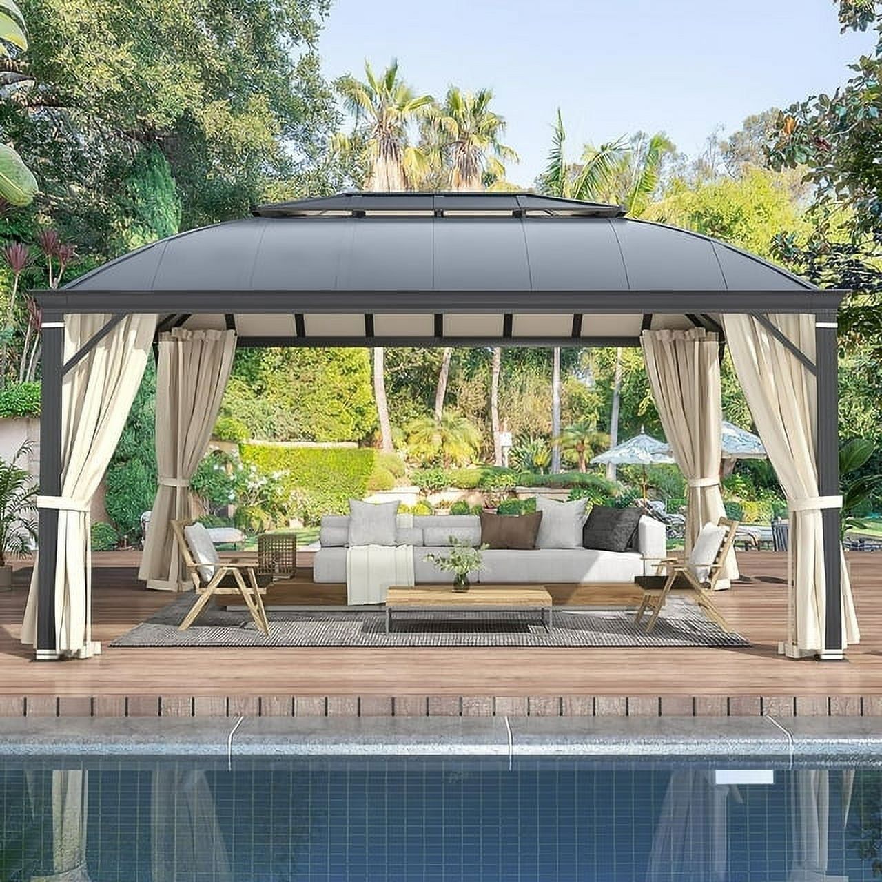 Gray 12' x 16' Aluminum Hardtop Patio Gazebo with Curtains