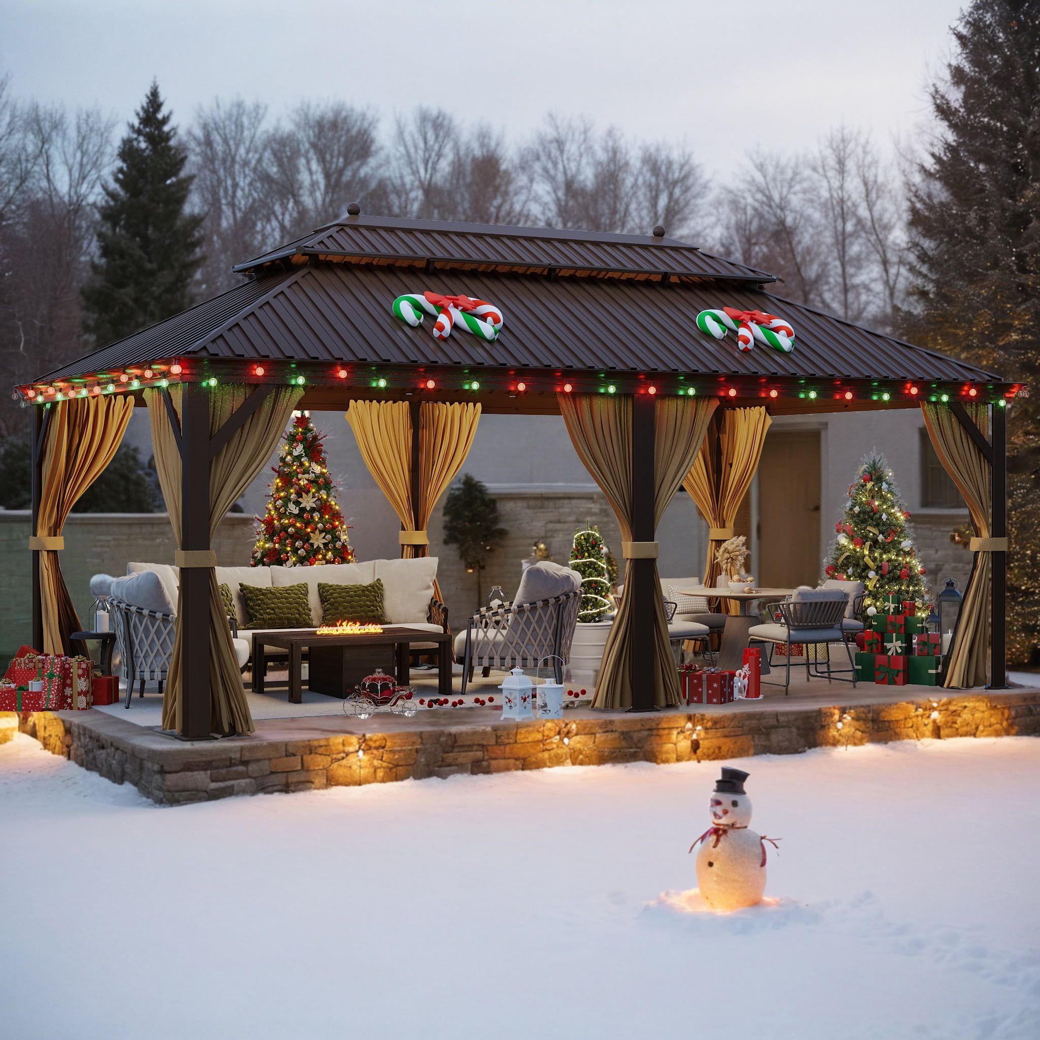 Erommy 12' x 20' Double Roof Steel Hardtop Gazebo with Curtains