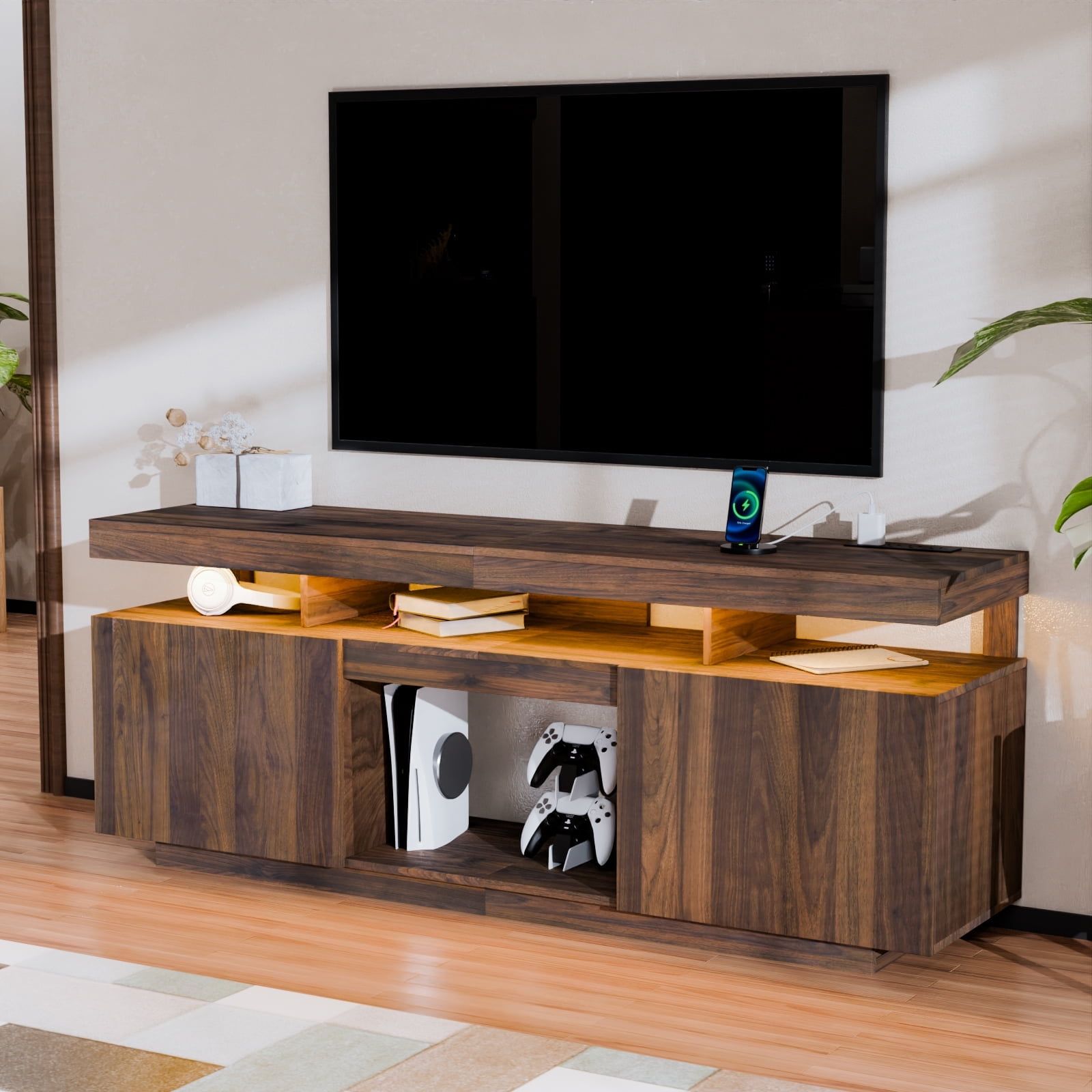 Walnut 64" Modern TV Stand with LED Lighting and Cabinets