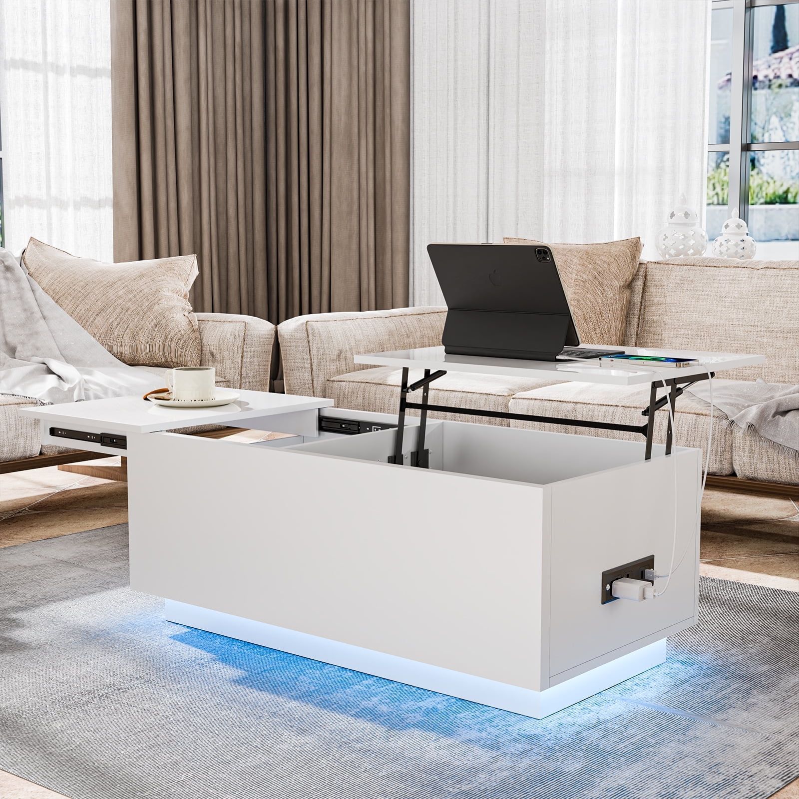 White Lift-Top Coffee Table with Storage and LED Lights