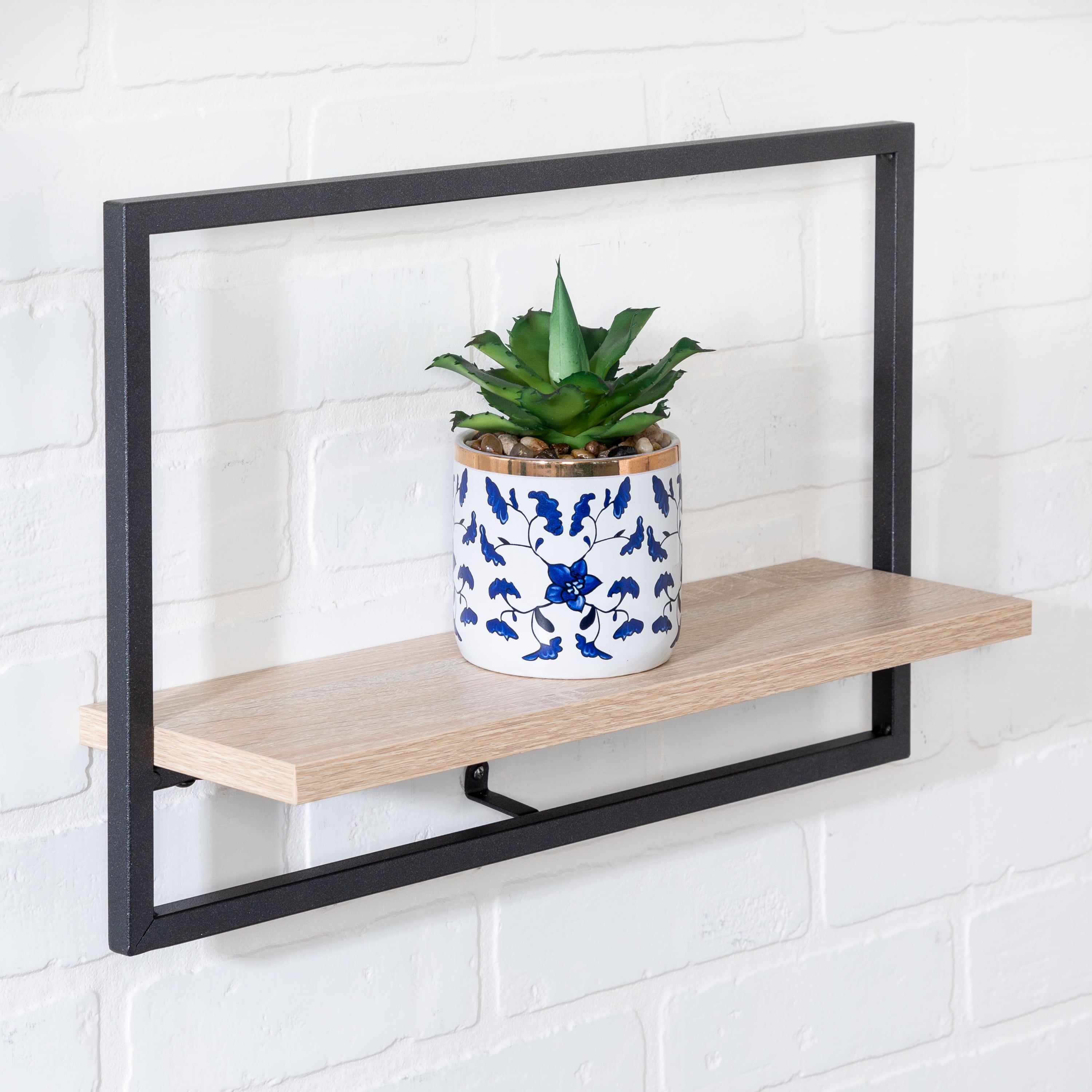 17.64" Black Steel and Wood Floating Wall Shelf