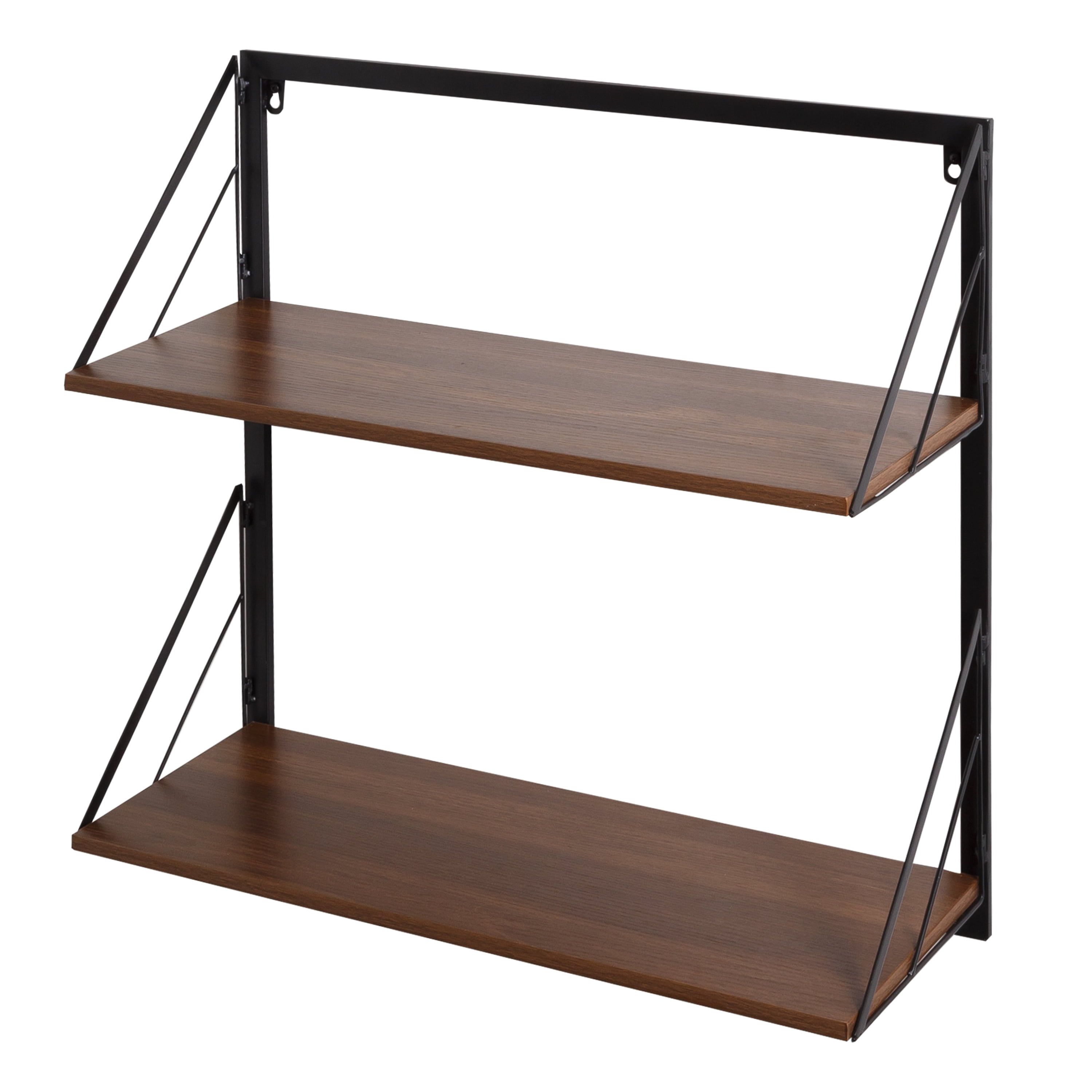 Black and Walnut Steel Wood 2-Tier Floating Wall Shelf