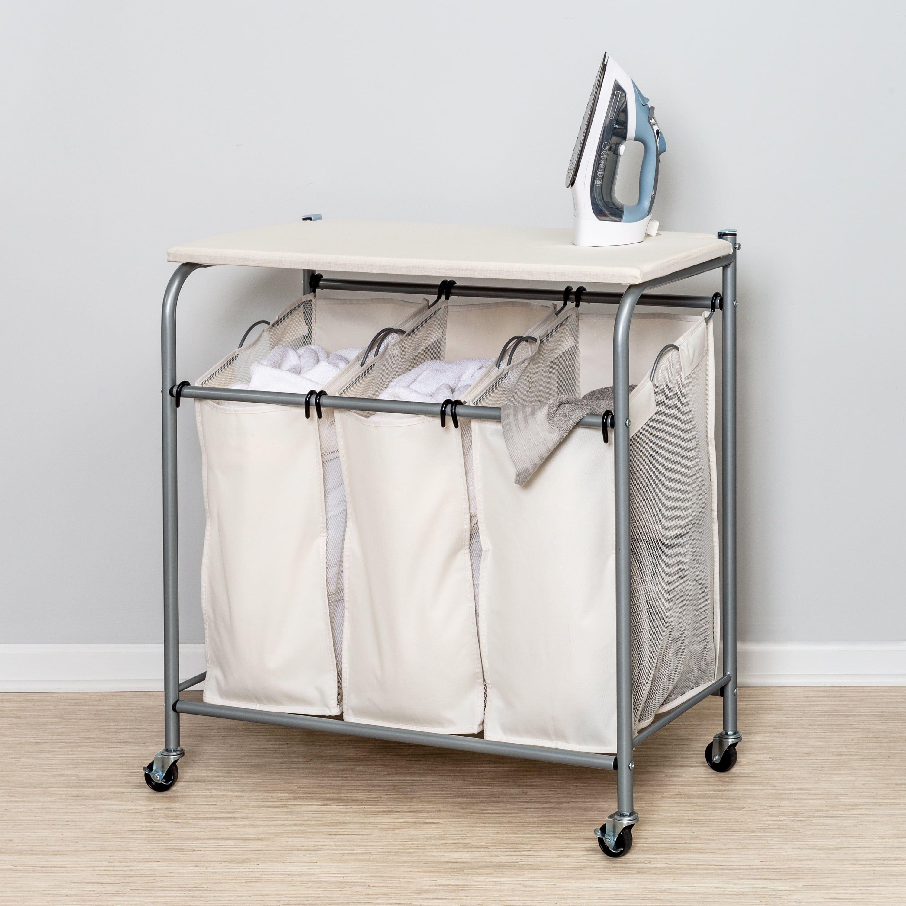 Natural Triple Laundry Sorter with Ironing Board and Locking Wheels