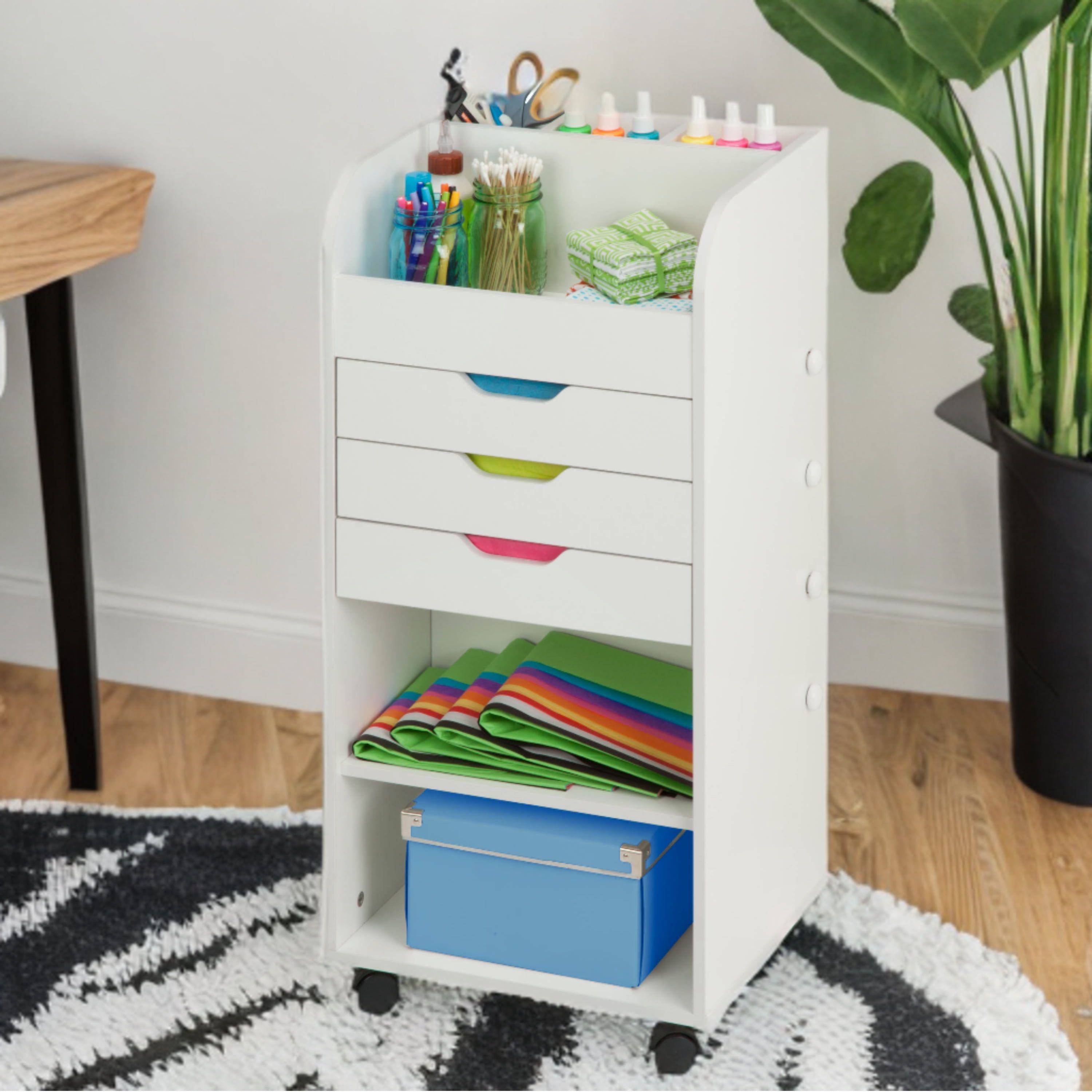 White 3-Drawer Particleboard Craft Storage Cart with Wheels