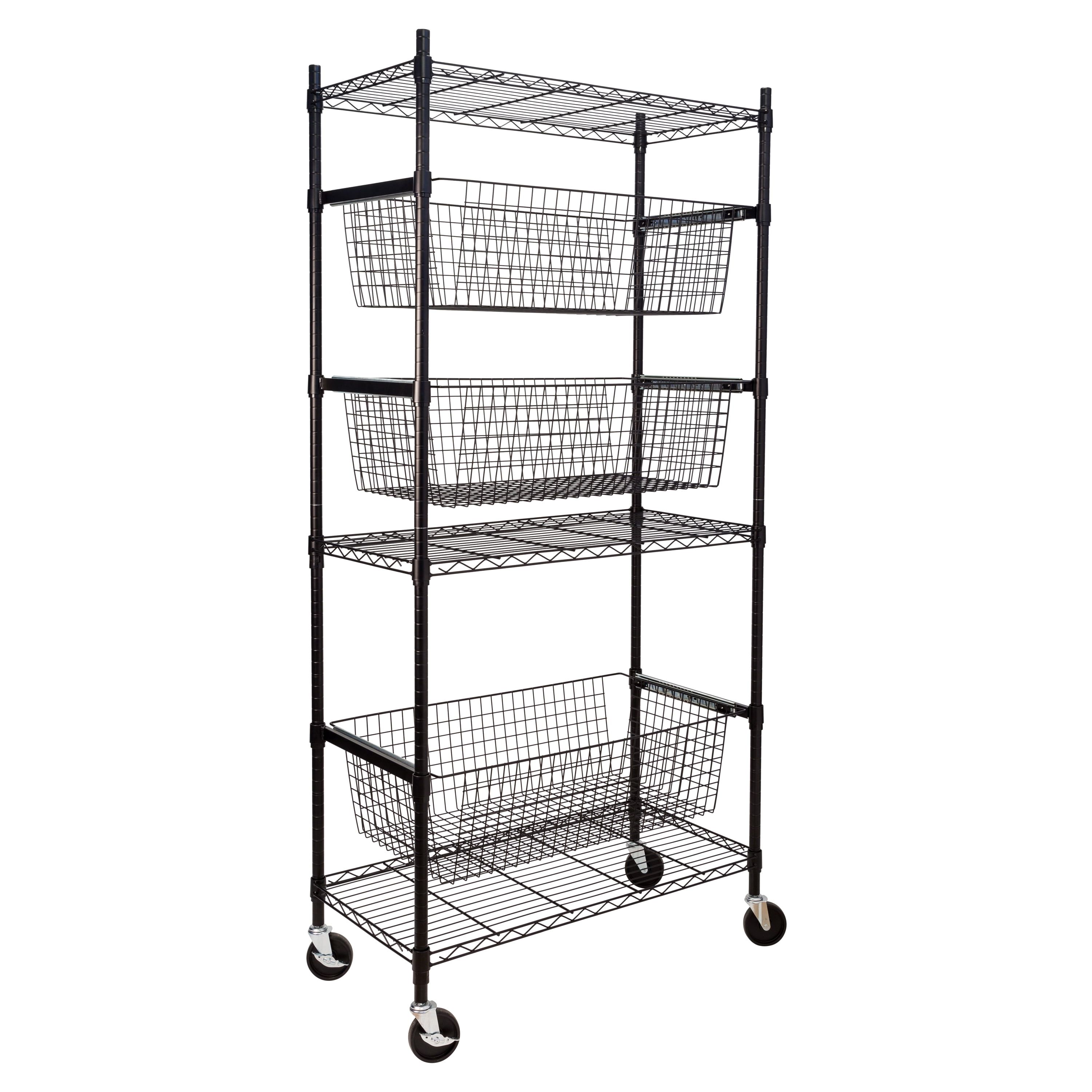 Adjustable Black 3-Shelf Heavy-Duty Storage Rack with Pull-Out Baskets