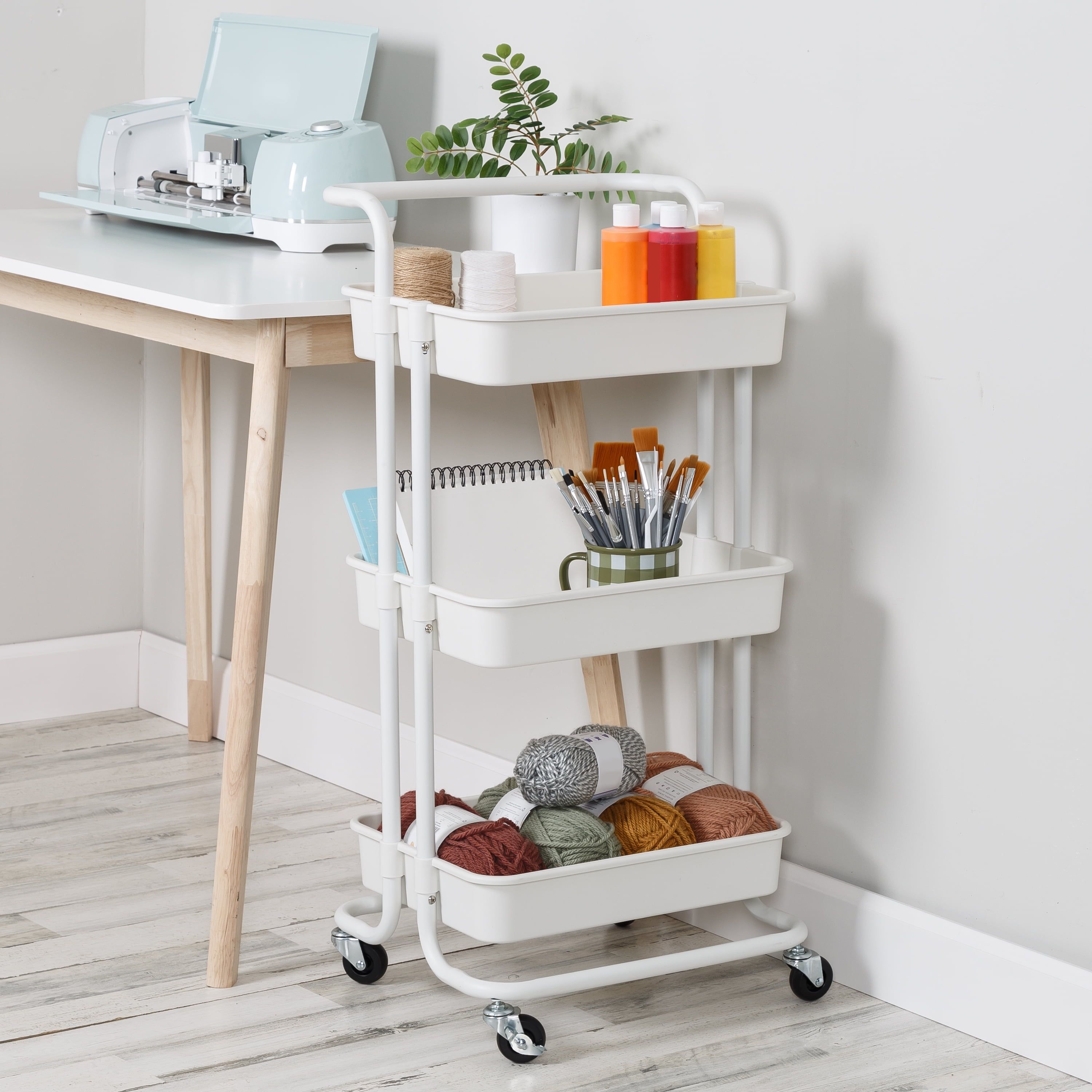 White Metal 3-Tier Rolling Craft Cart with Handle