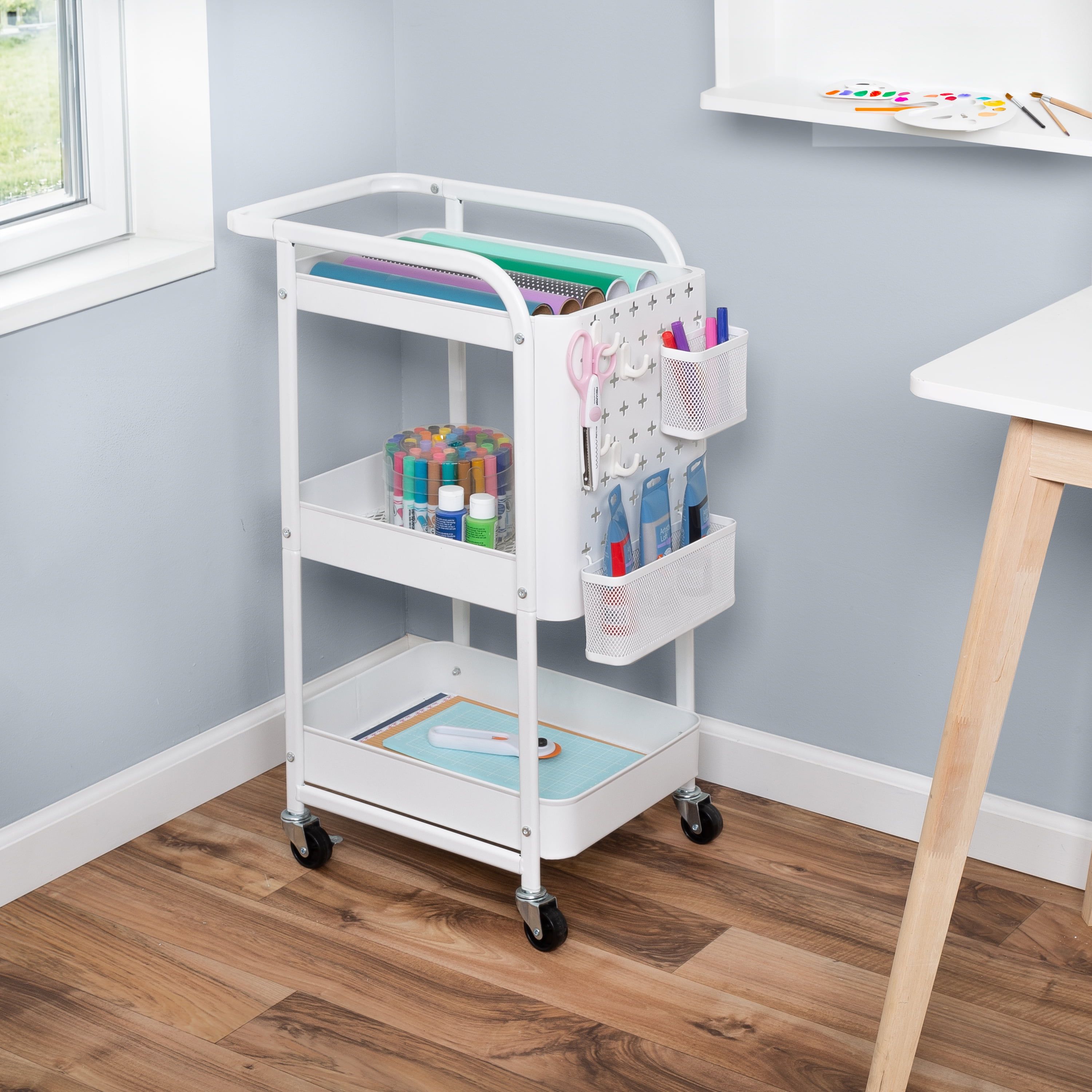 White Steel 3-Tier Craft Storage Cart with Pegboard