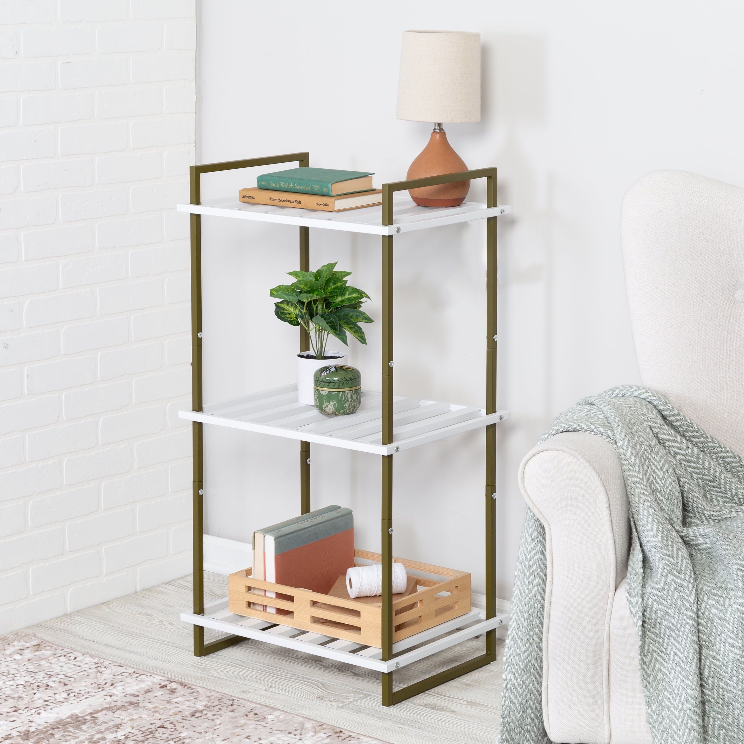 Olive and White 3-Tier Metal Bathroom Shelf