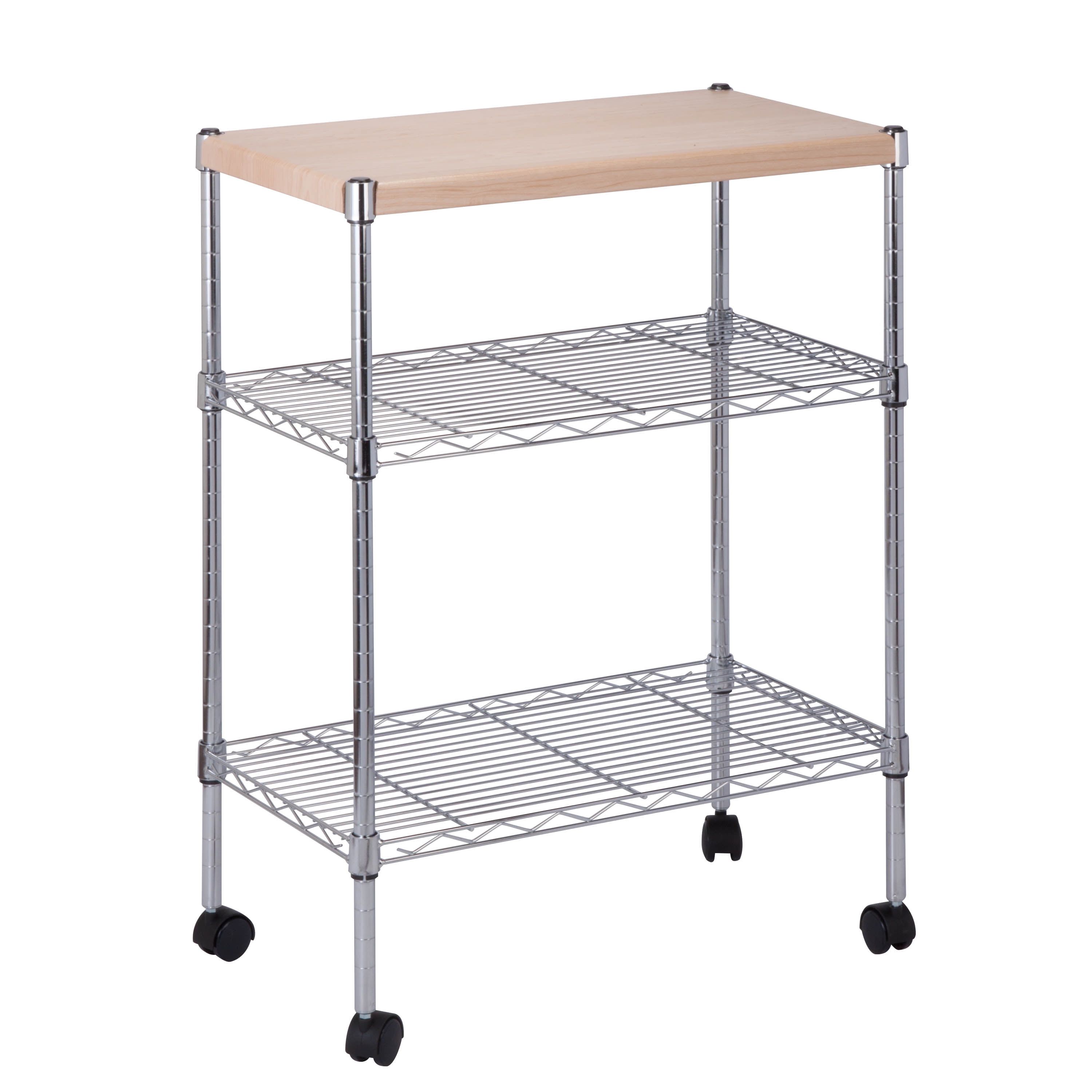 Chrome and Wood 3-Tier Kitchen Cart with Lockable Wheels