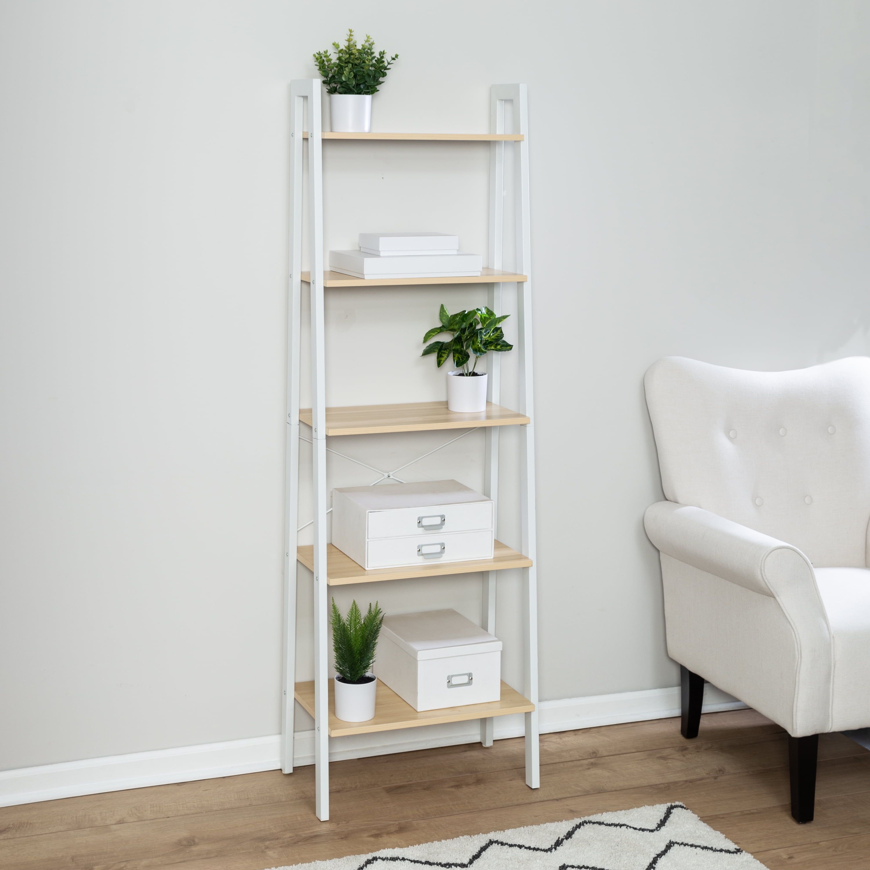 Adjustable White Wood and Metal A-Frame Ladder Shelf