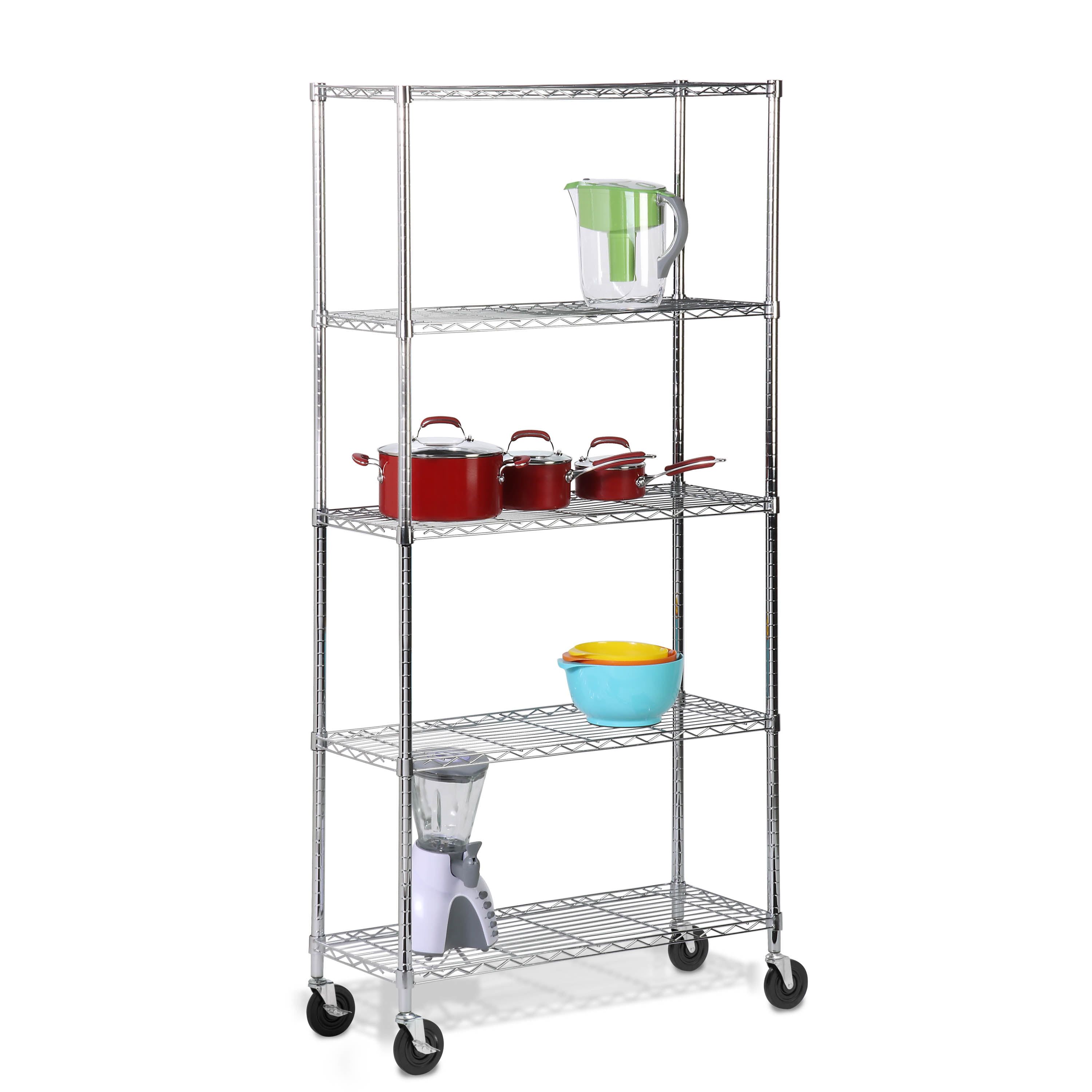 Chrome Heavy-Duty Adjustable Rolling Shelving Unit with 5 Steel Shelves