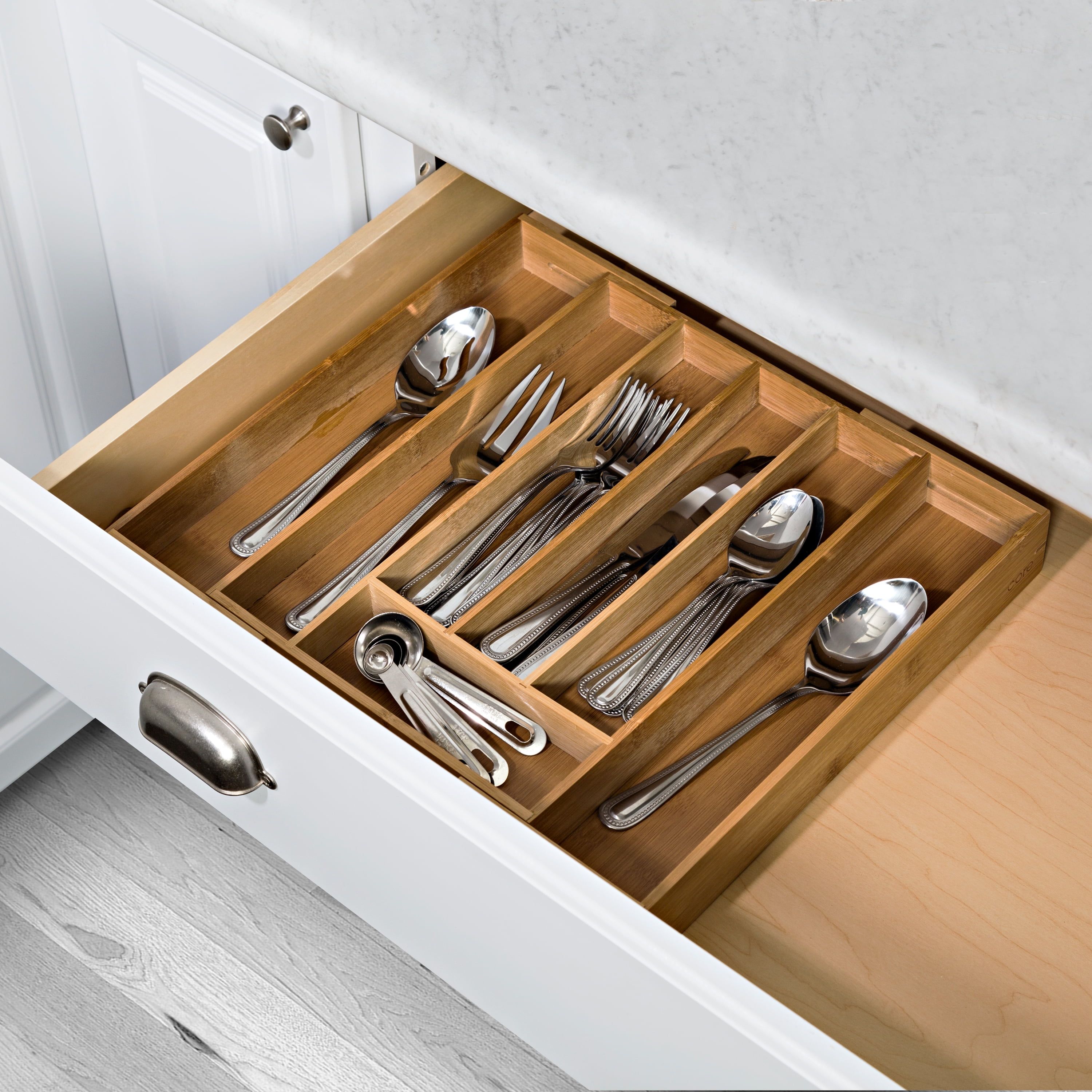 Natural Bamboo Expandable Silverware Drawer Organizer