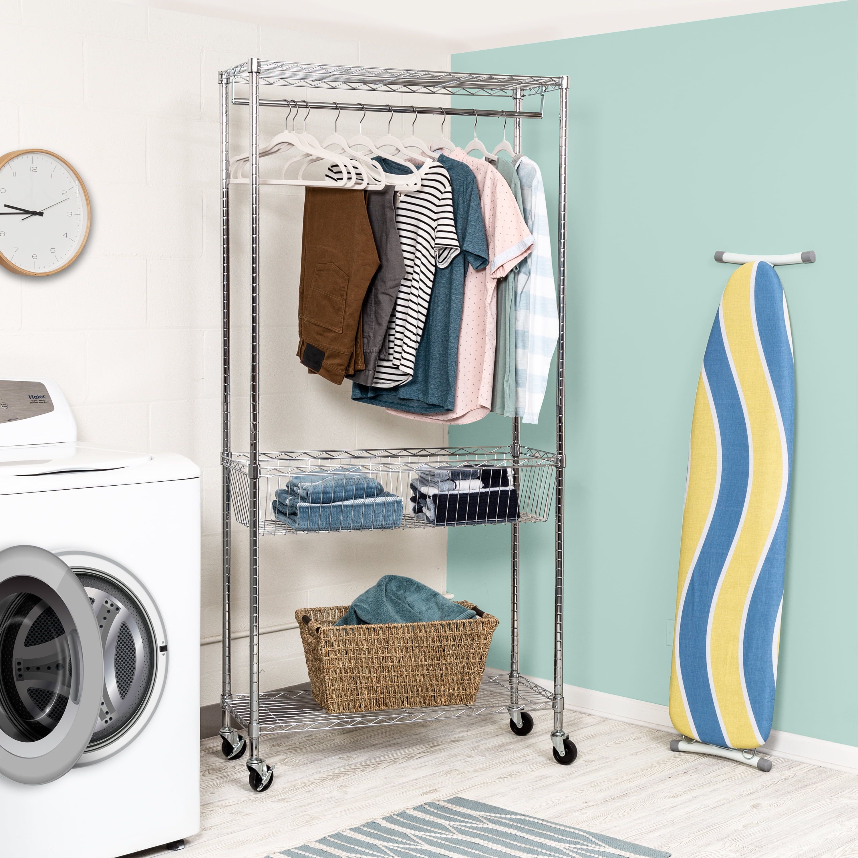 Chrome Rolling Laundry Station with Shelves and Hanging Bar