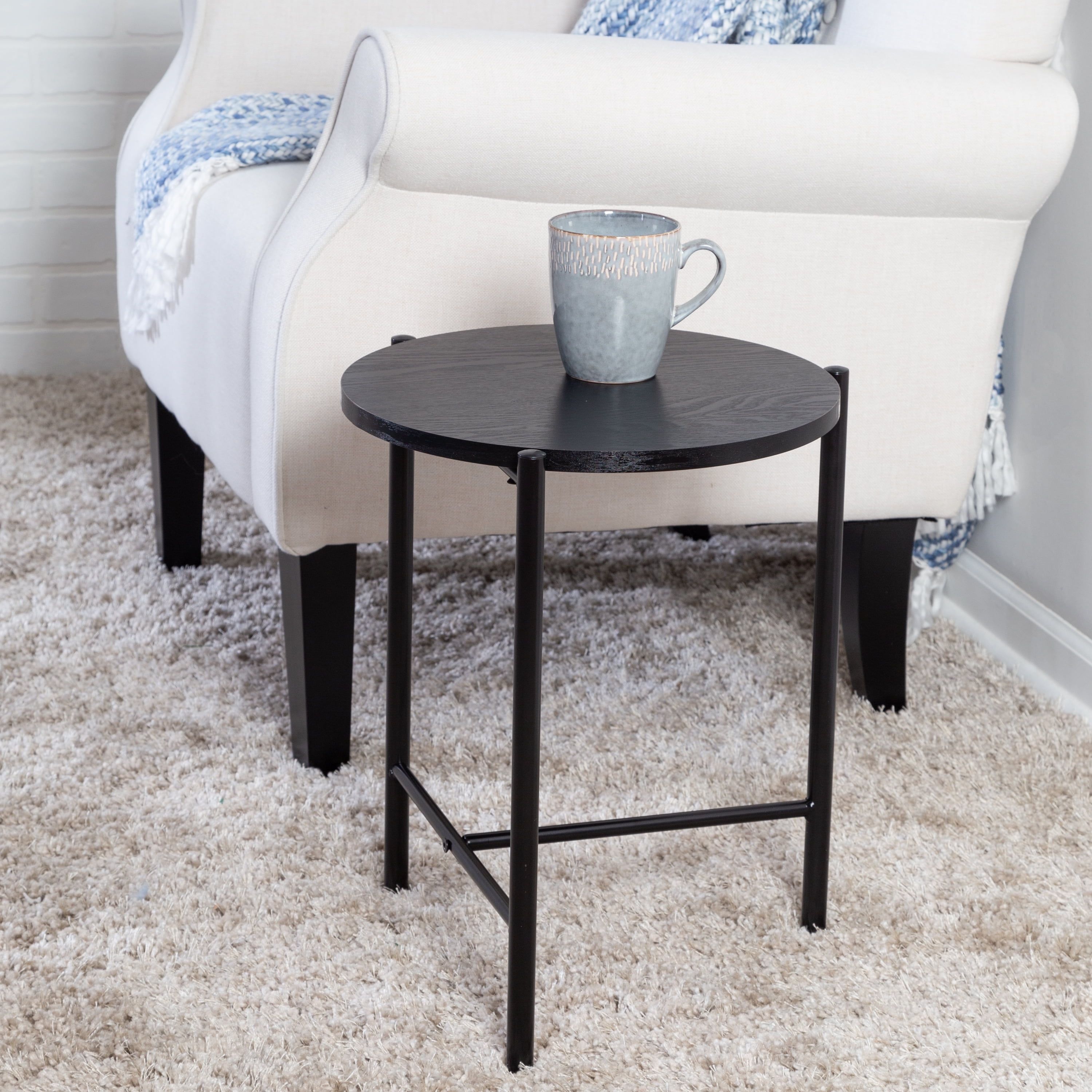 Sleek Matte Black Metal and Wood Round Side Table