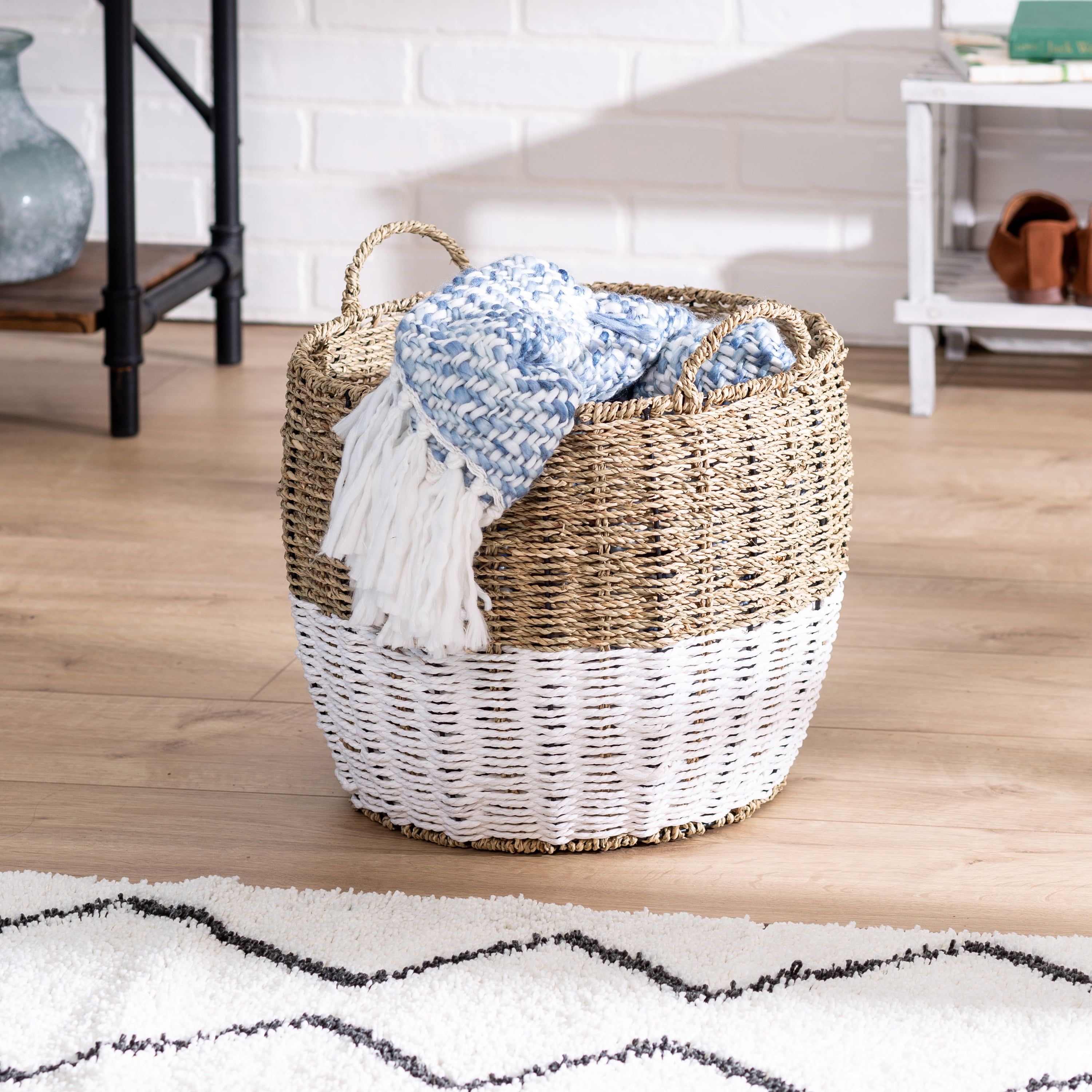 Natural and White Seagrass Round Storage Basket with Handles