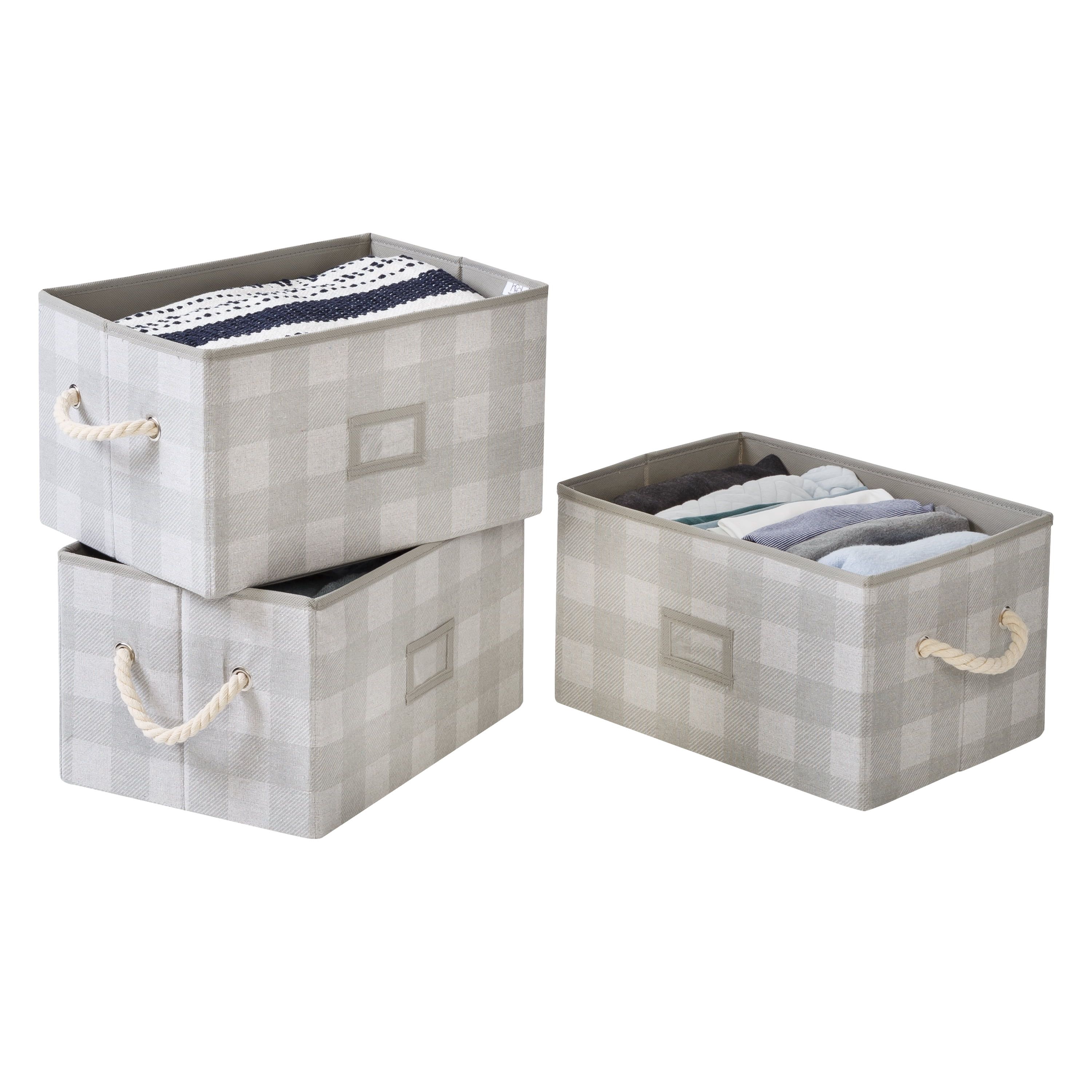 Gray Plaid Large Fabric Storage Bins with Rope Handles, Set of 3