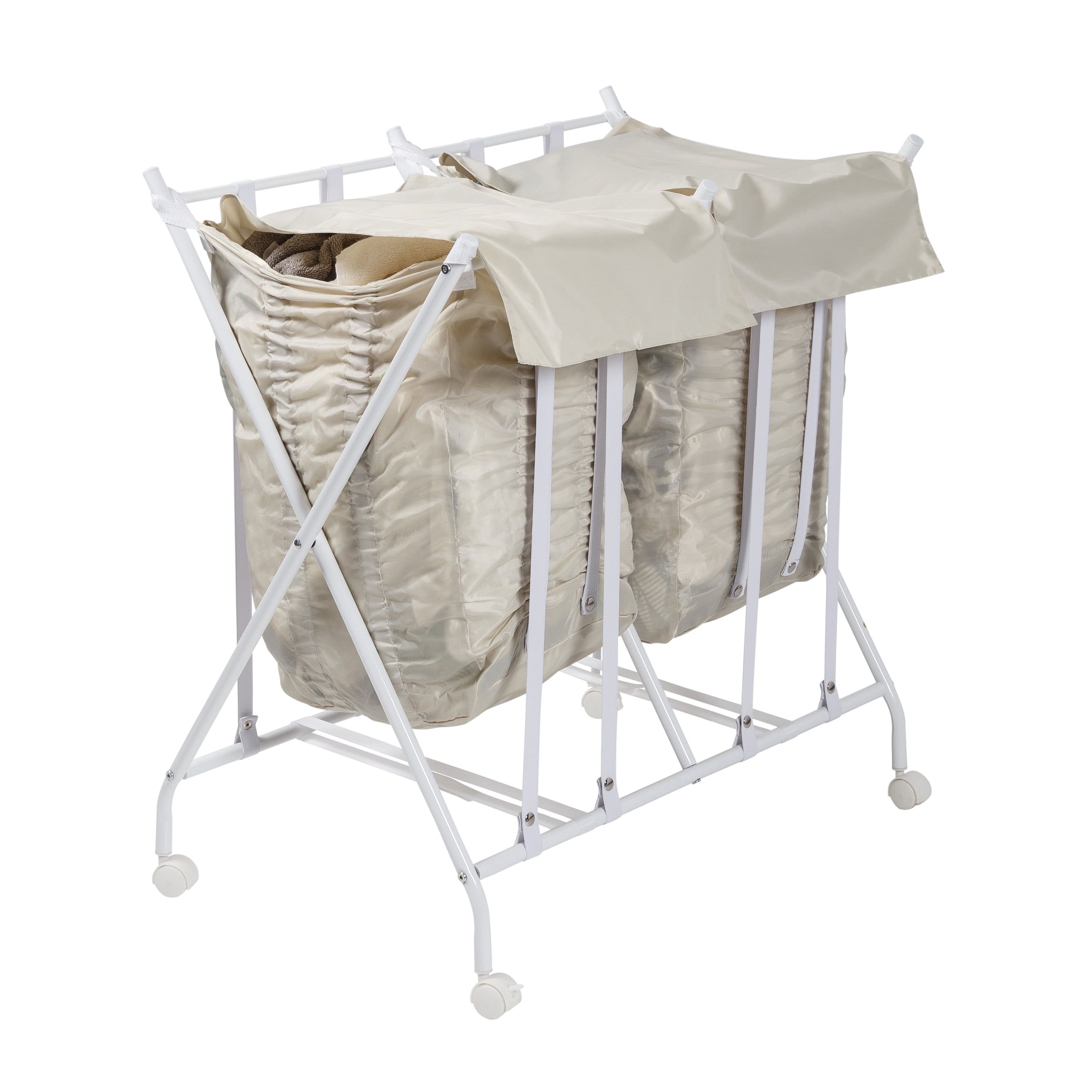 White and Natural Collapsible Double Laundry Hamper with Wheels