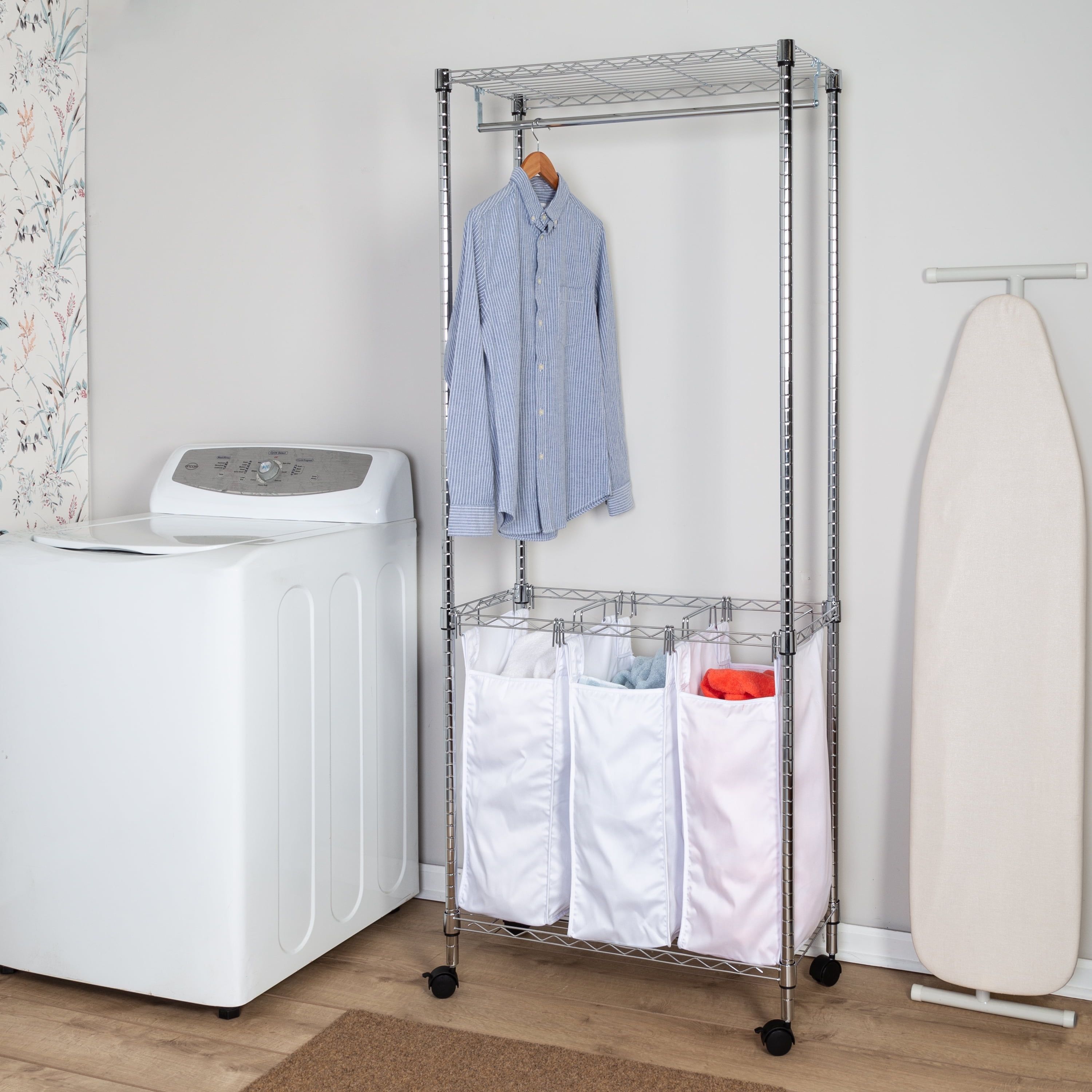 Chrome Steel Rolling Laundry Center with Triple Sorter and Hanging Rod